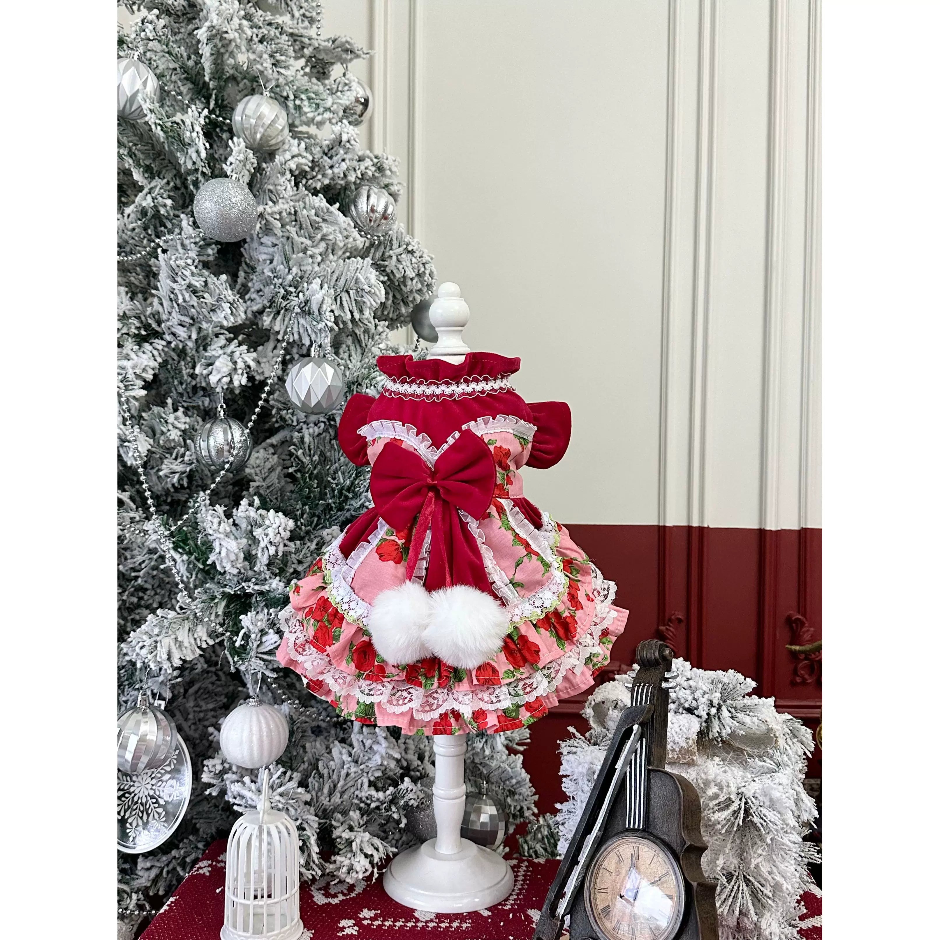 Red Rose New Year Cat Dress, Cat Apparel