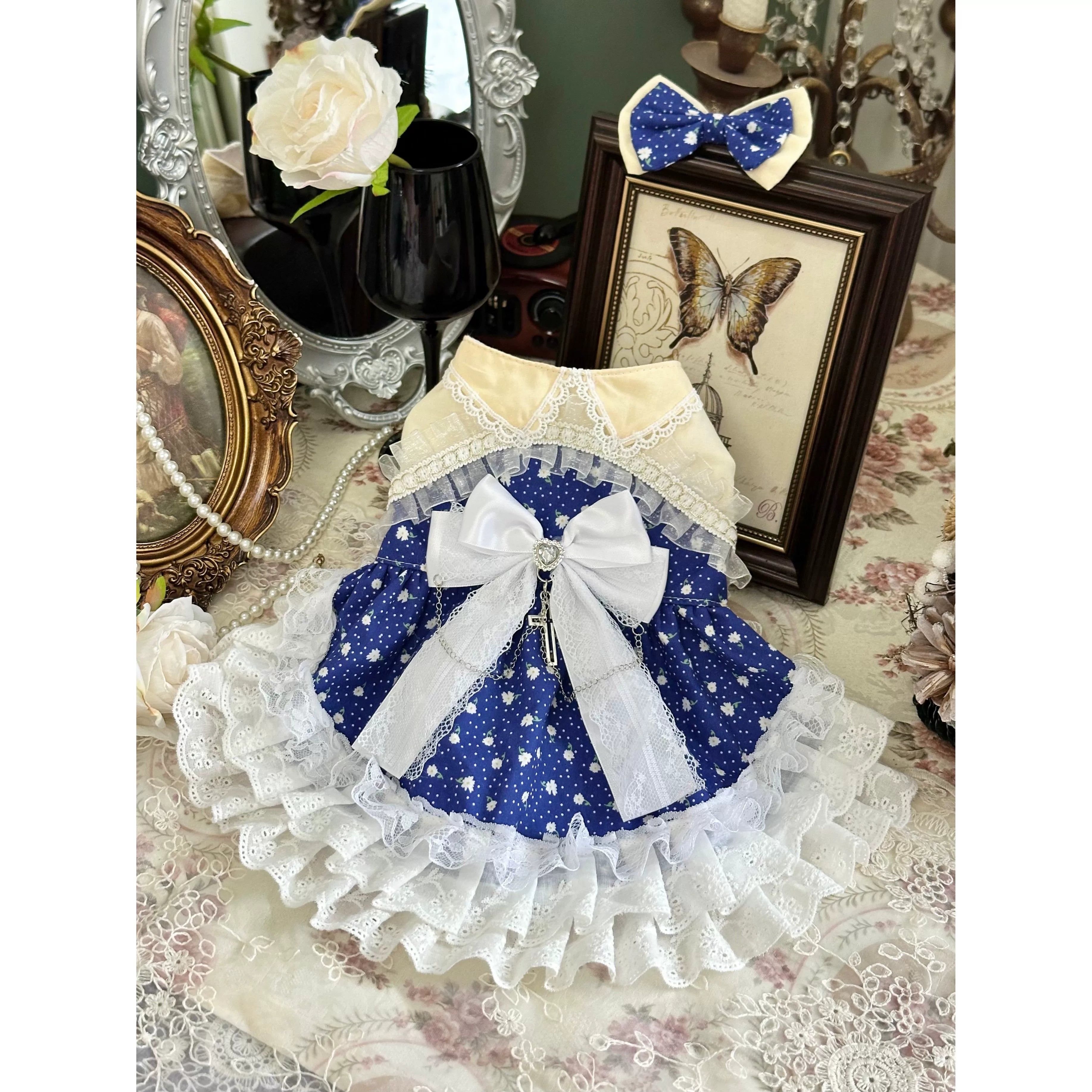 Blue White Starry Cat Wedding Outfit, Small Dog Dress