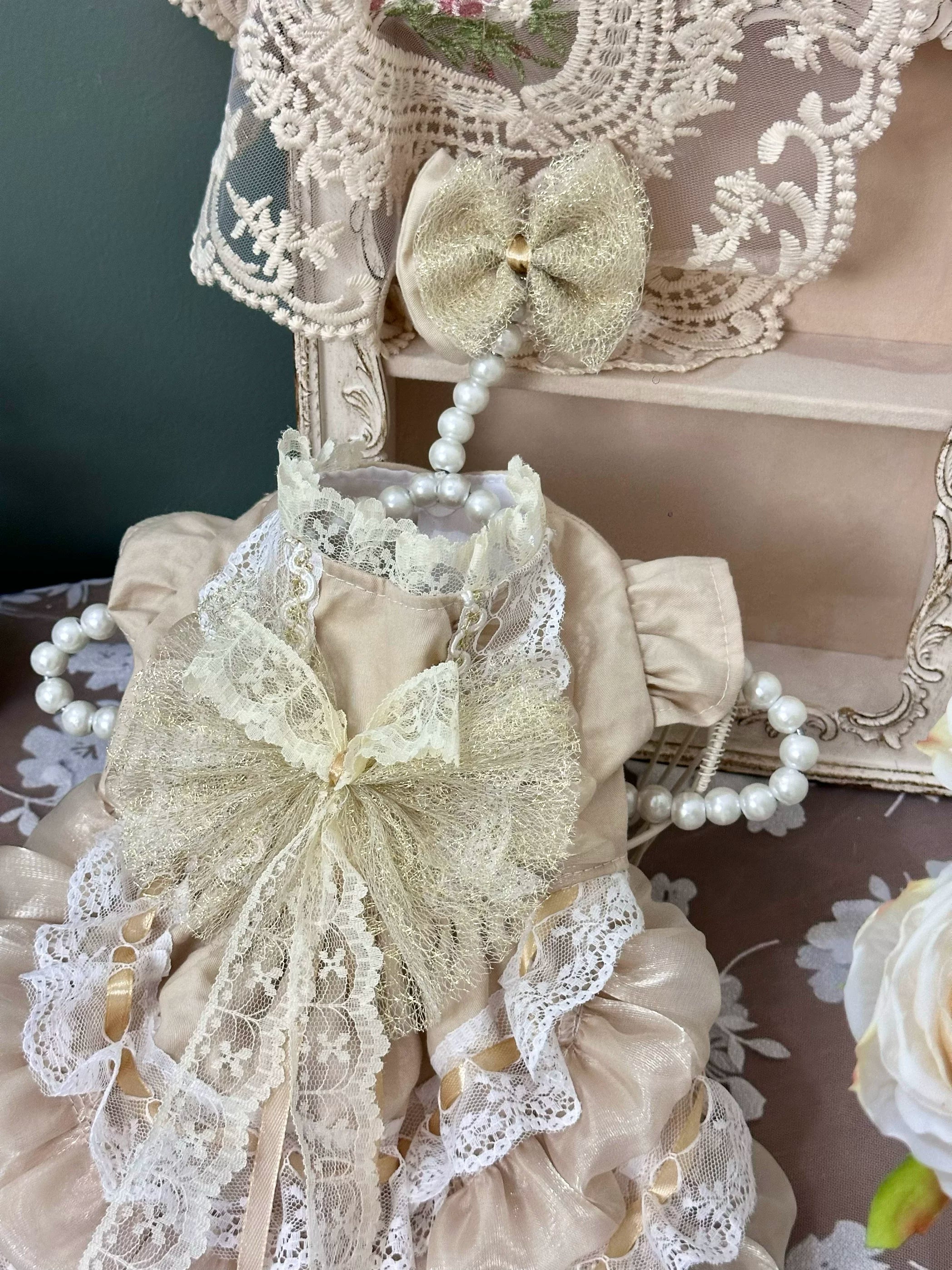 Vintage Gold Mesh Cat Wedding Outfit, Elegant Pet Dress