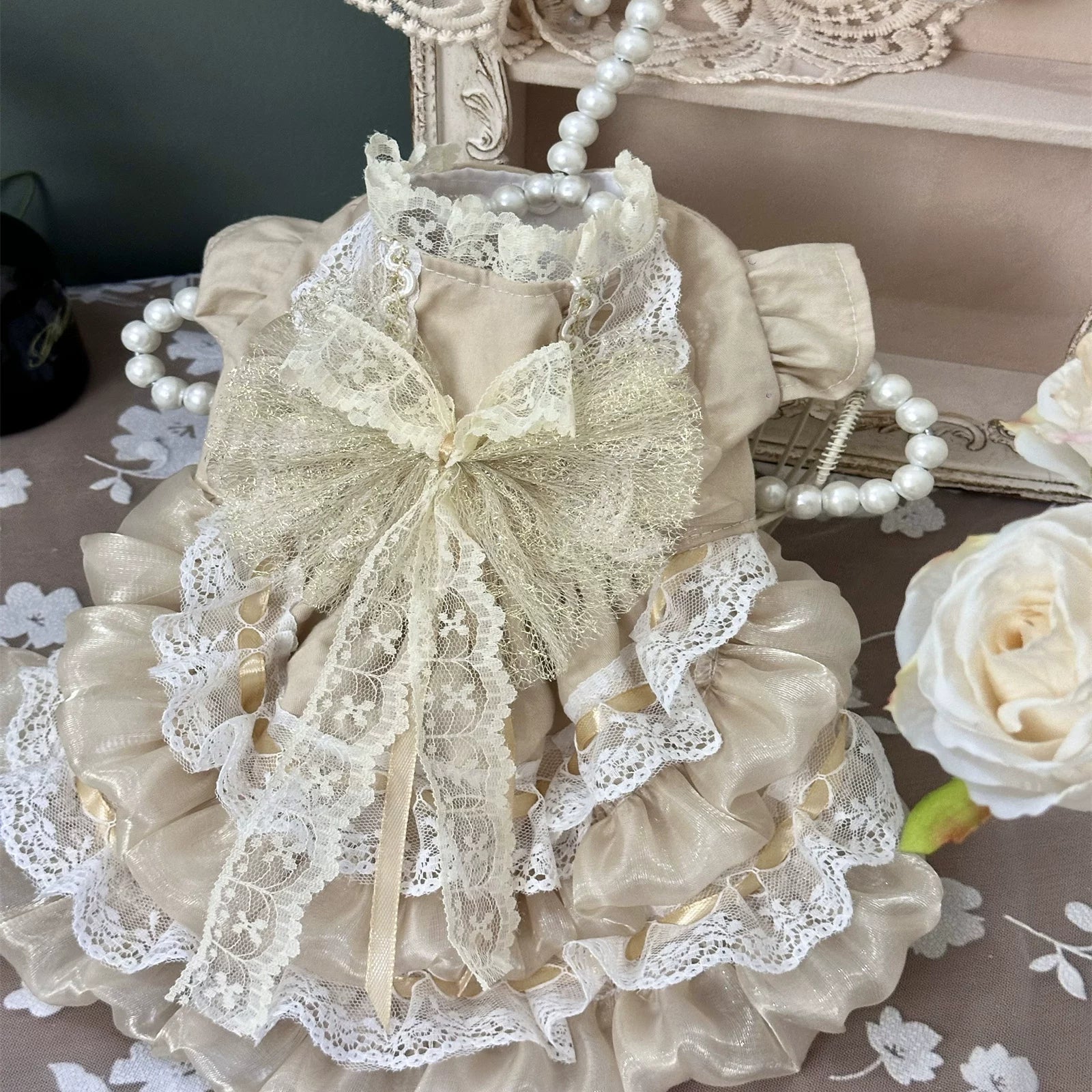 Vintage Gold Mesh Cat Wedding Outfit, Elegant Pet Dress