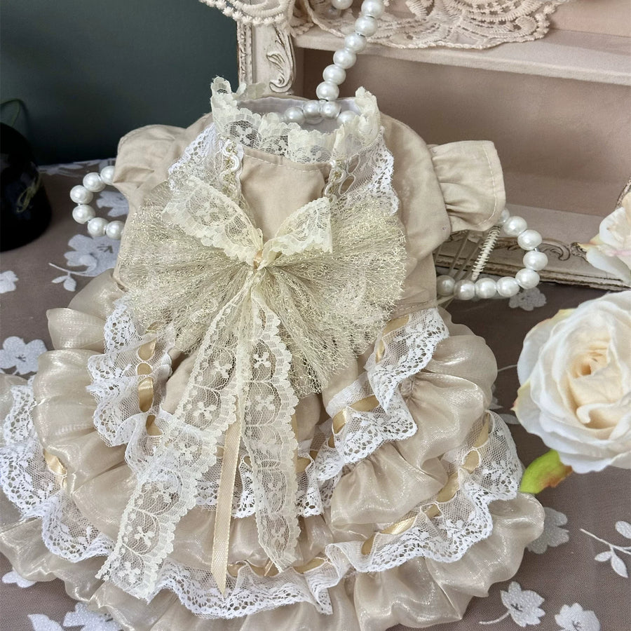 Vintage Gold Mesh Cat Wedding Outfit, Elegant Pet Dress