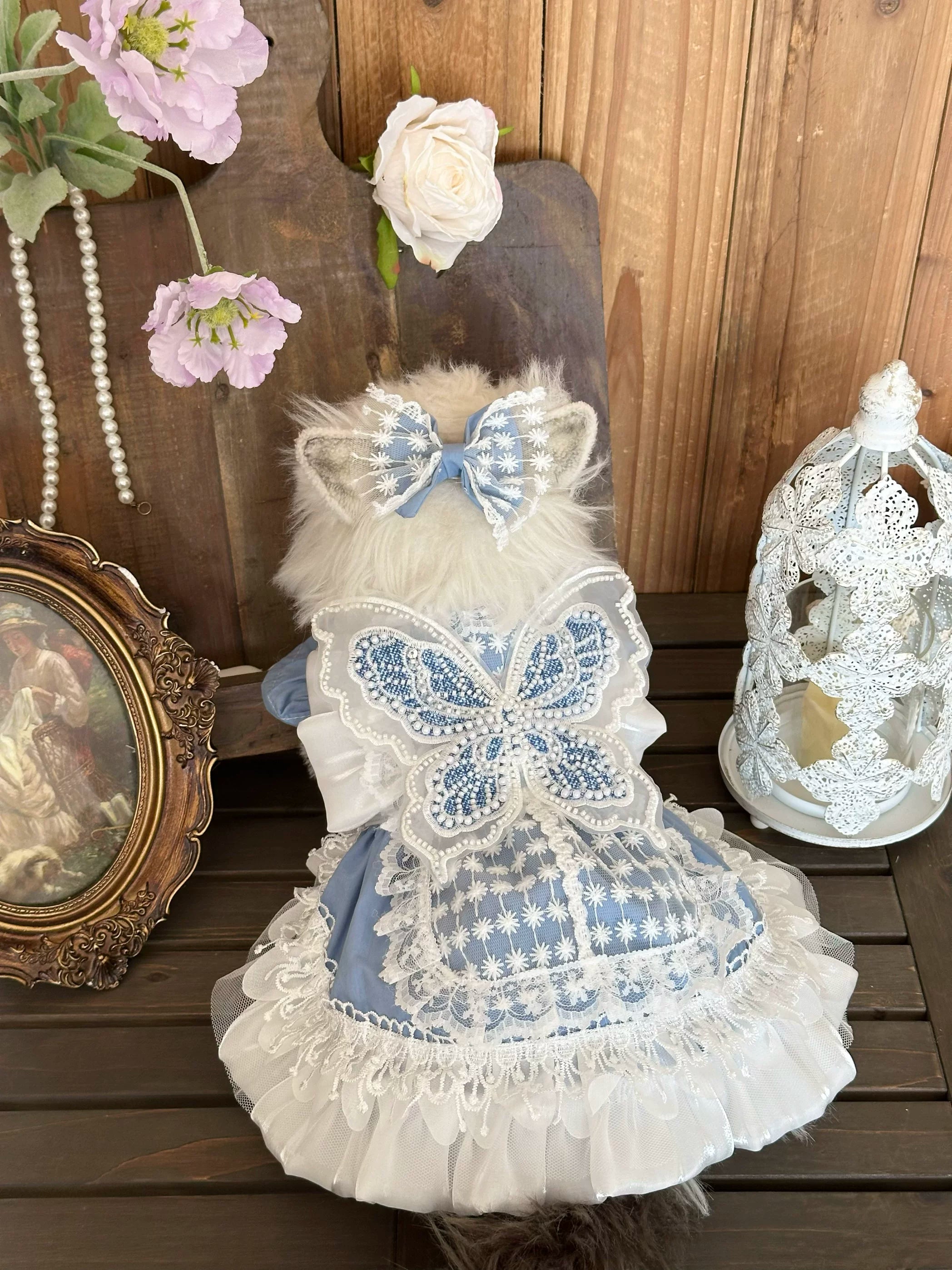 Blue Denim Fairy Cat Princess Dress, Small Dog Outfit