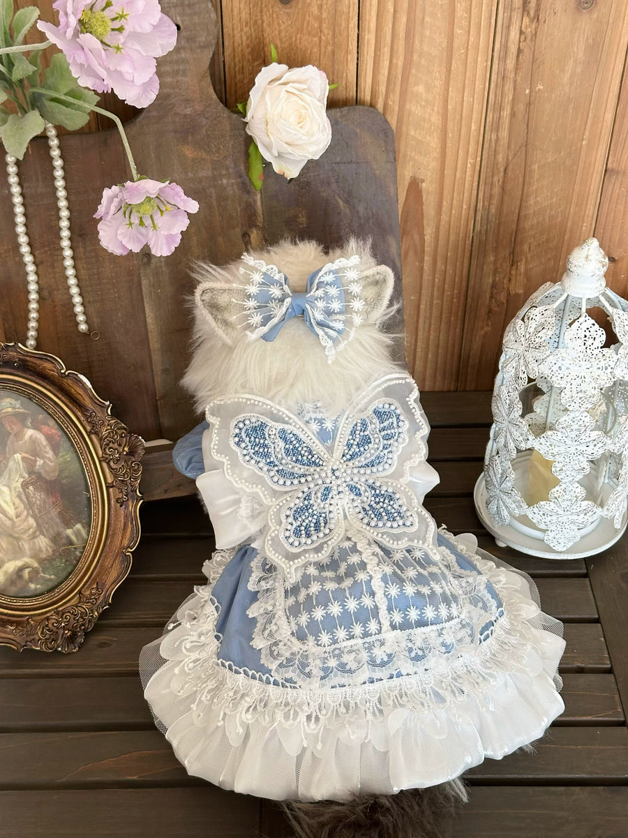 Blue Denim Fairy Cat Princess Dress, Small Dog Outfit