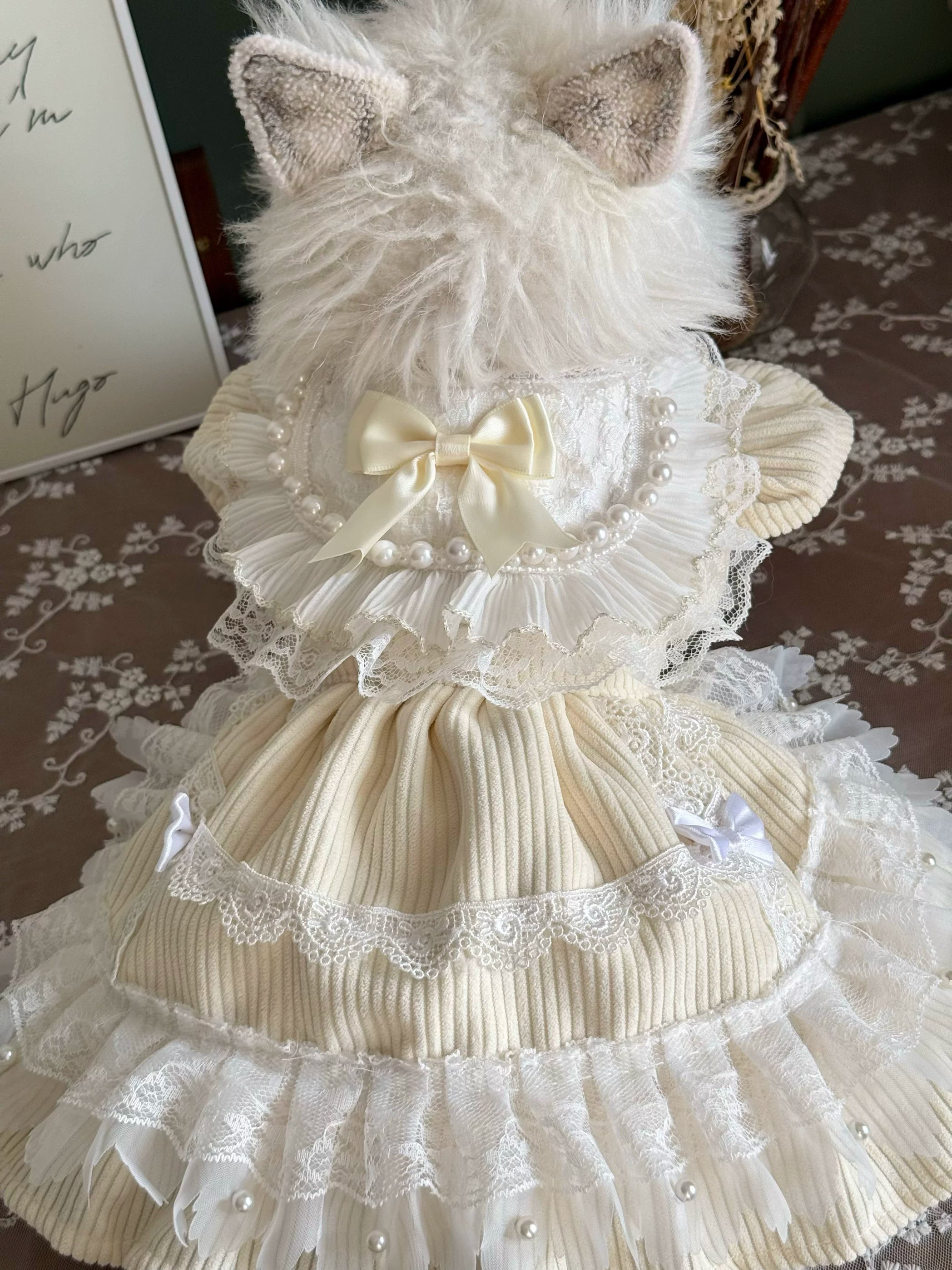 Cream Birthday Cat Dress, Warm Small Dog Clothes