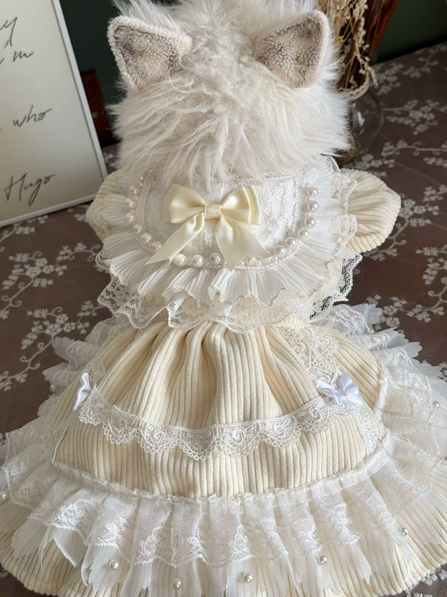 Cream Birthday Cat Dress, Warm Small Dog Clothes