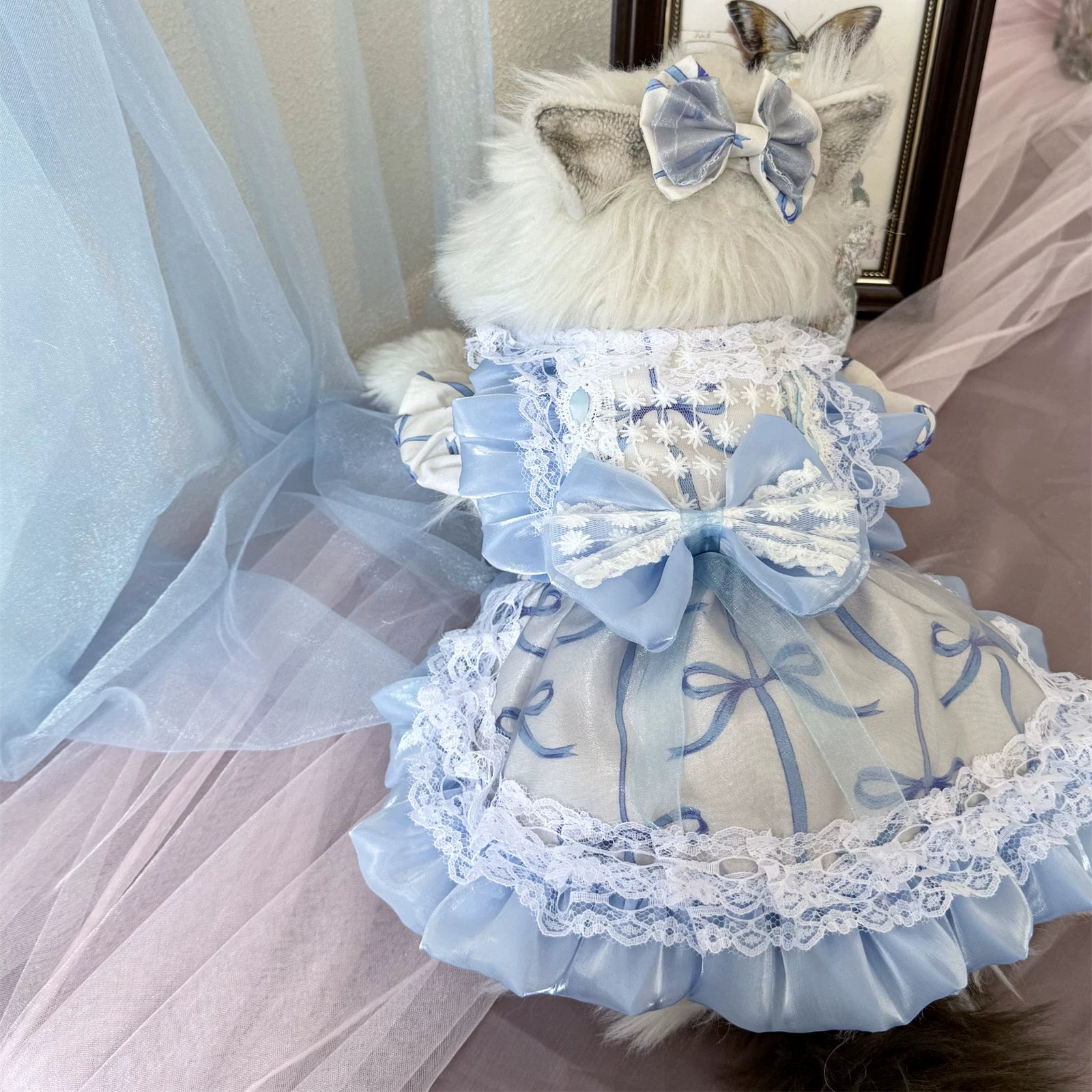 Gray Blue Bow Cat Dress, Dog Clothes for Small Dogs