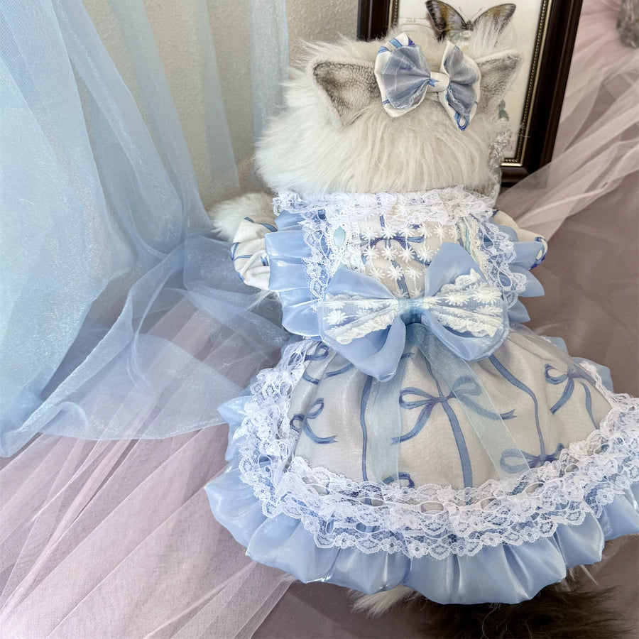 Gray Blue Bow Cat Dress, Dog Clothes for Small Dogs