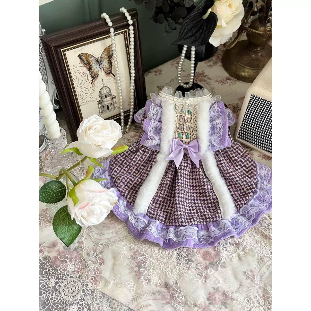 Purple Houndstooth Cat Clothes, Clothes for Small Dogs