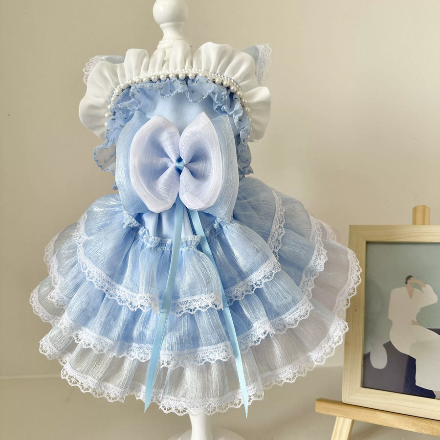 Sky Blue Pearl Cat Dress, Dog Clothes for Small Dogs