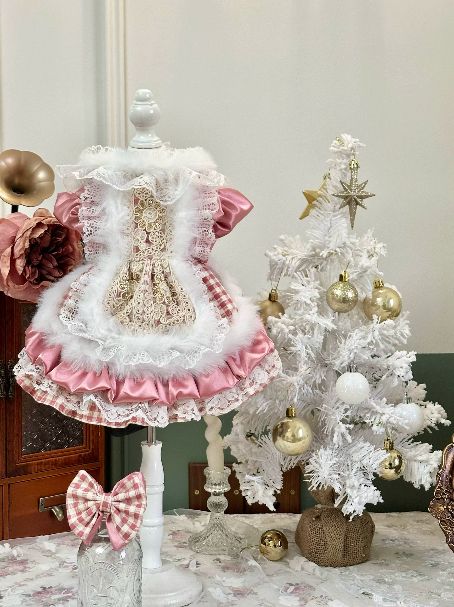 Warm Pink Plaid Cat Winter Clothes, Small Dog Dress