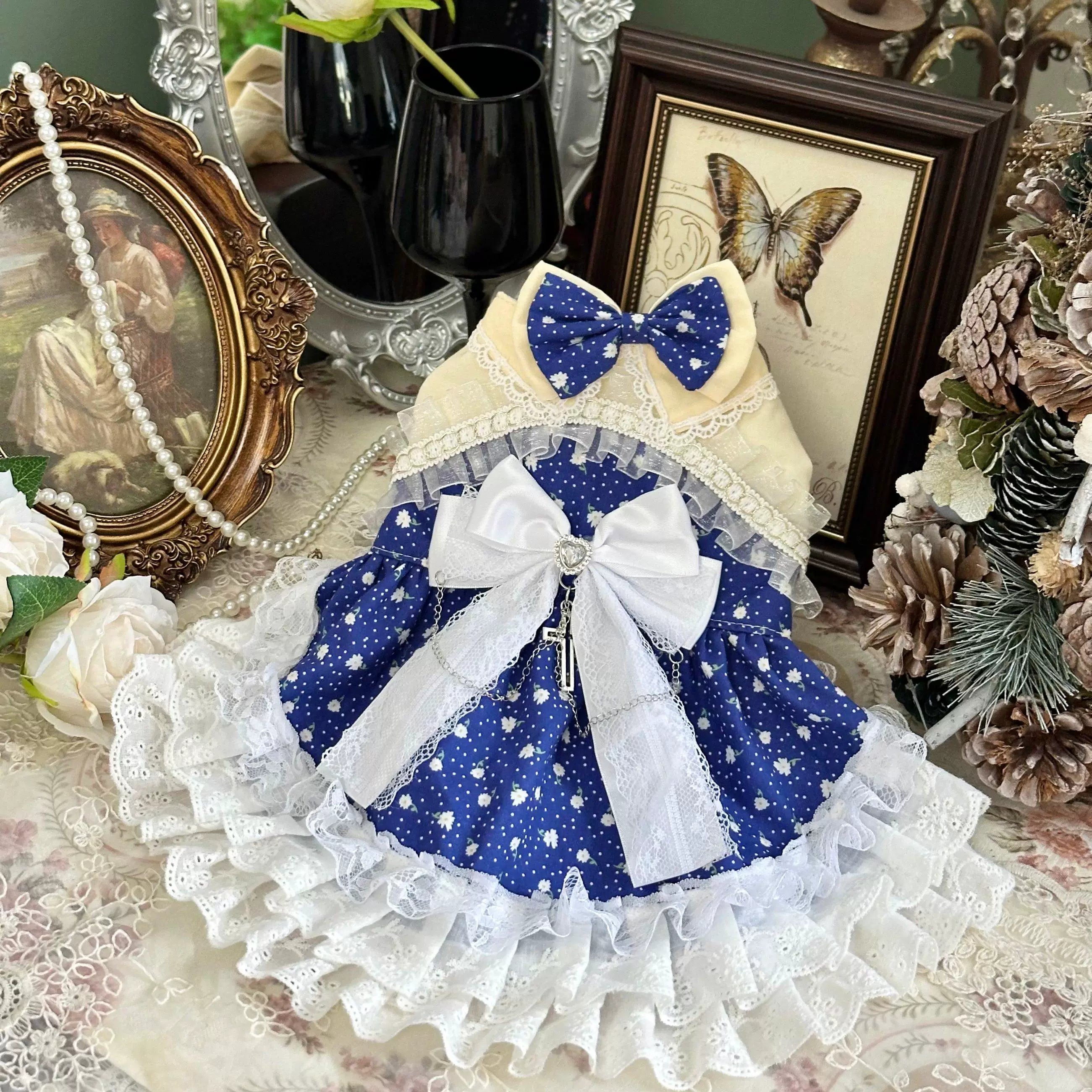 Blue White Starry Cat Wedding Outfit, Small Dog Dress