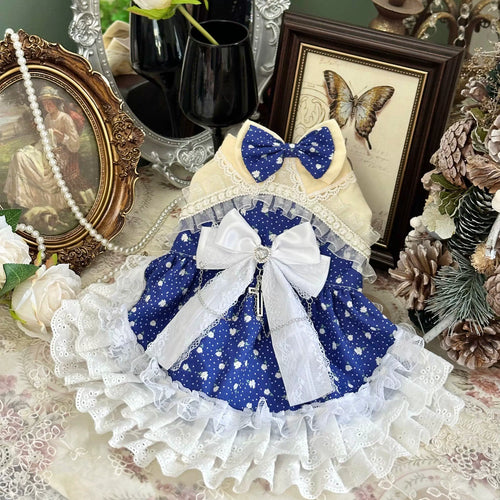 Blue White Starry Cat Wedding Outfit, Small Dog Dress