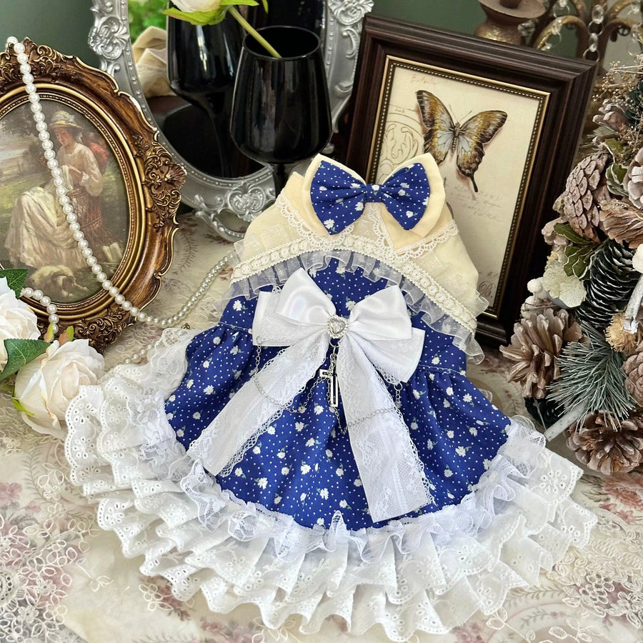 Blue White Starry Cat Wedding Outfit, Small Dog Dress