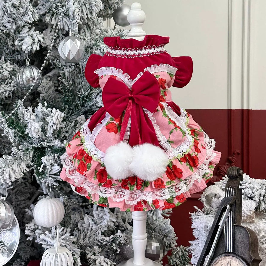 Red Rose New Year Cat Dress, Cat Apparel