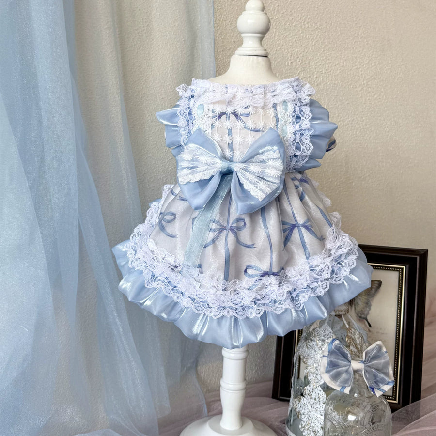 Gray Blue Bow Cat Dress, Dog Clothes for Small Dogs