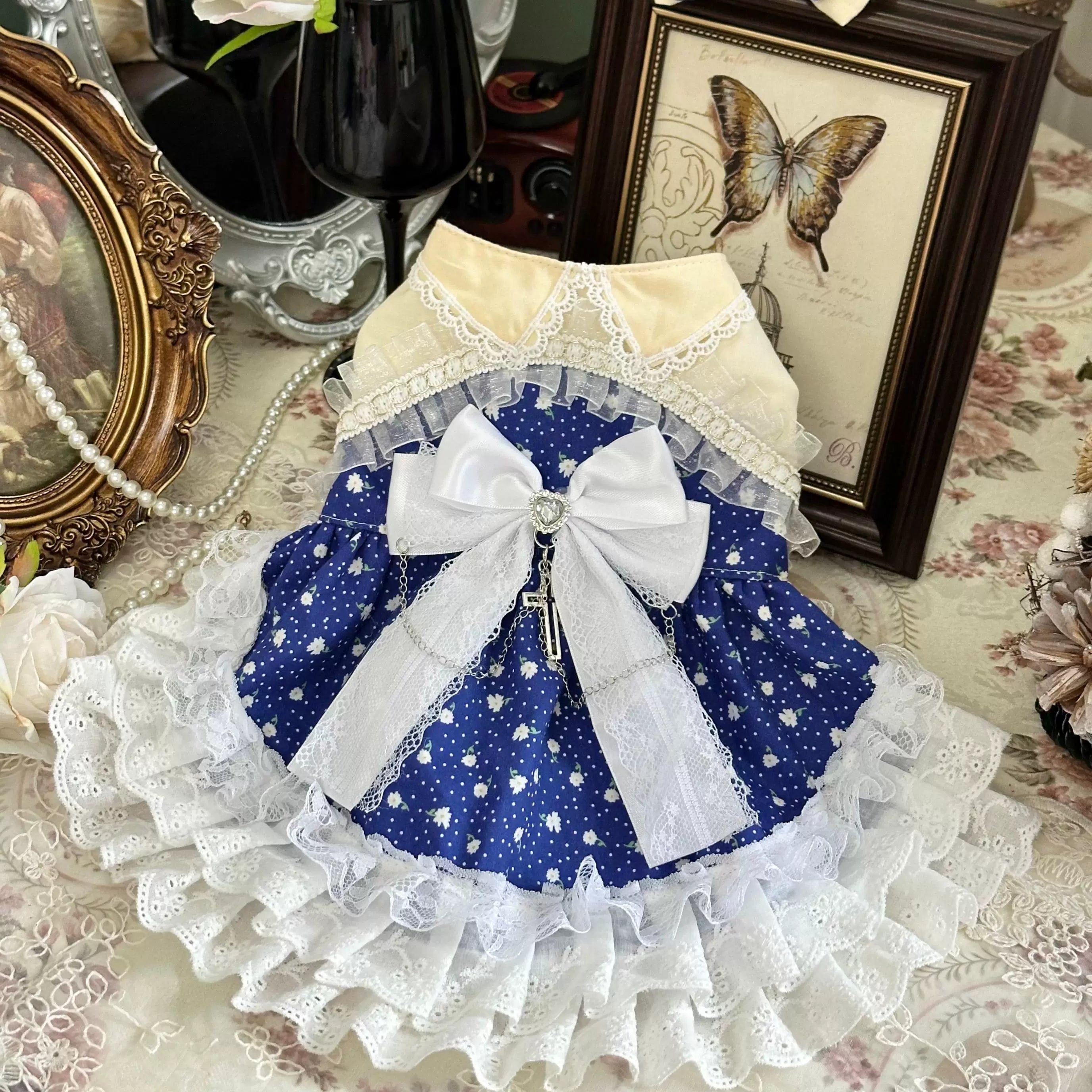 Blue White Starry Cat Wedding Outfit, Small Dog Dress