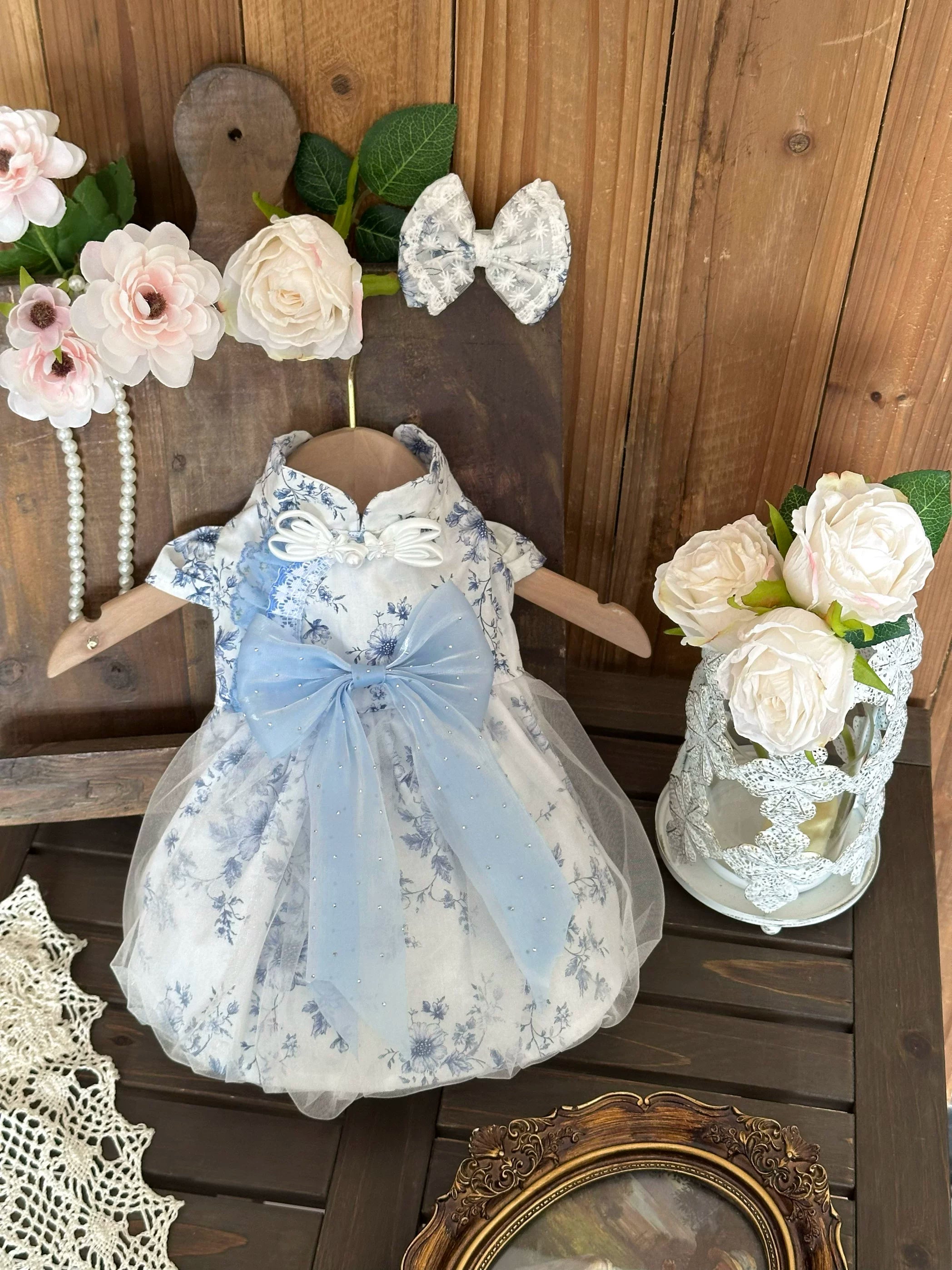 Blue Porcelain Tulle Cat Dress, Cat Birthday Outfit