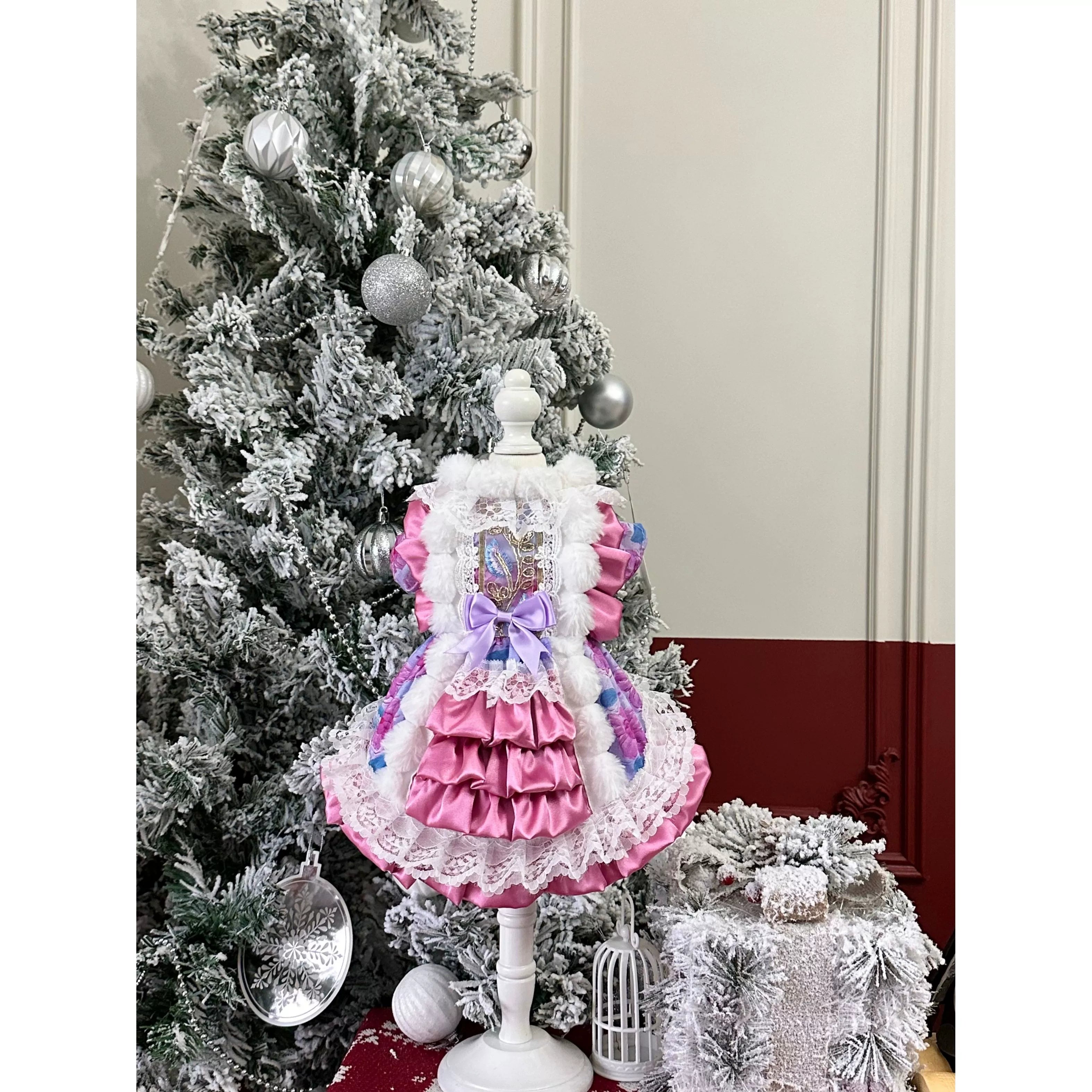 Pink Purple Winter Cat Dress, Cat Winter Clothes