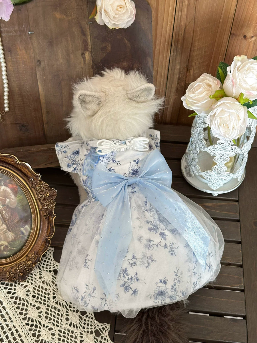 Blue Porcelain Tulle Cat Dress, Cat Birthday Outfit