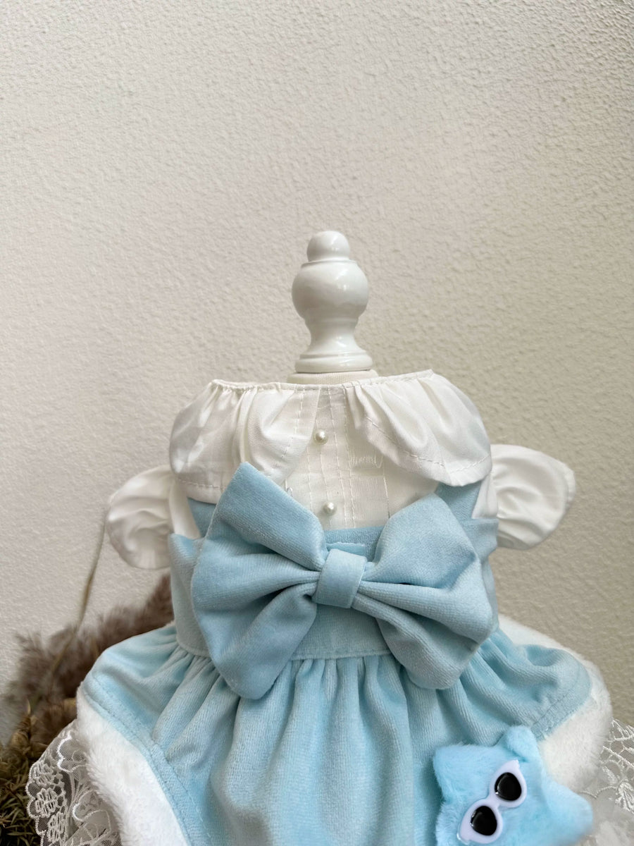 Blue White Velvet Cat Dress, Dog Clothes for Small Dogs