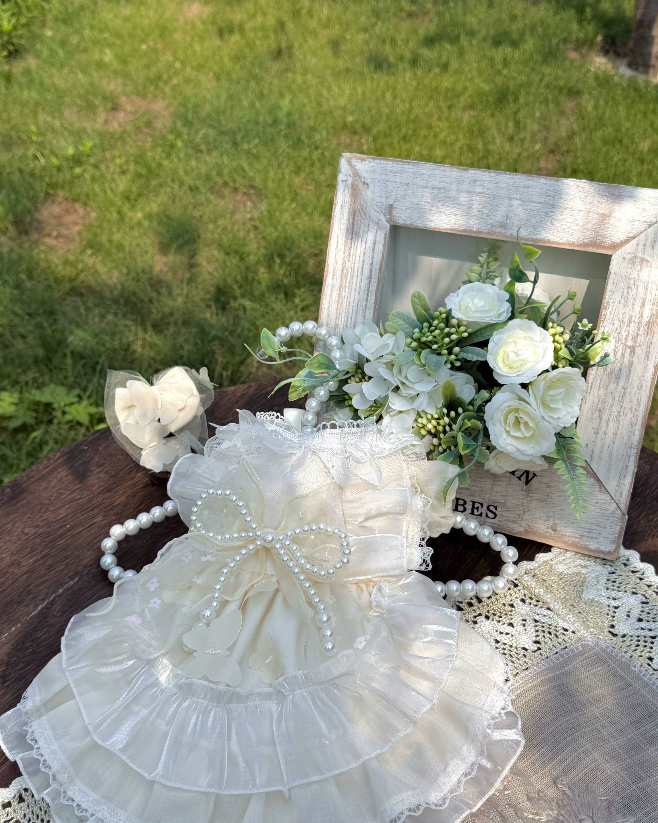Beige Butterfly Pearl Tutu Pet Dress for Dogs and Cats