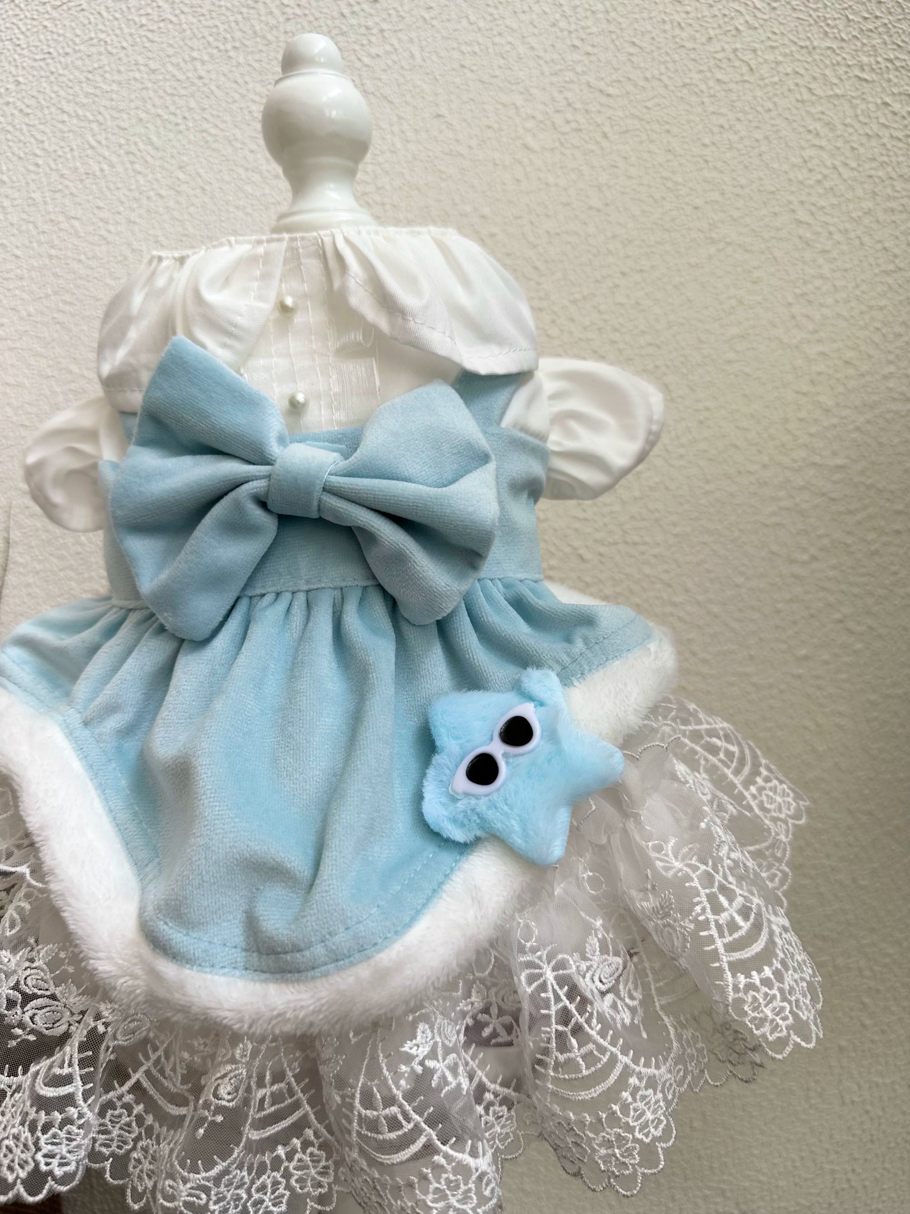 Blue White Velvet Cat Dress, Dog Clothes for Small Dogs