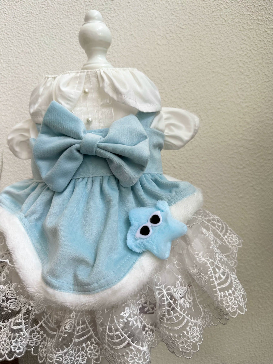 Blue White Velvet Cat Dress, Dog Clothes for Small Dogs