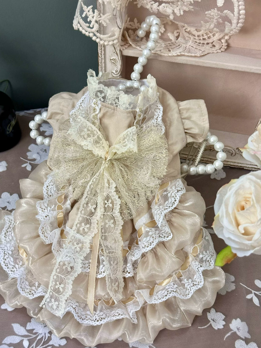 Vintage Gold Mesh Cat Wedding Outfit, Elegant Pet Dress