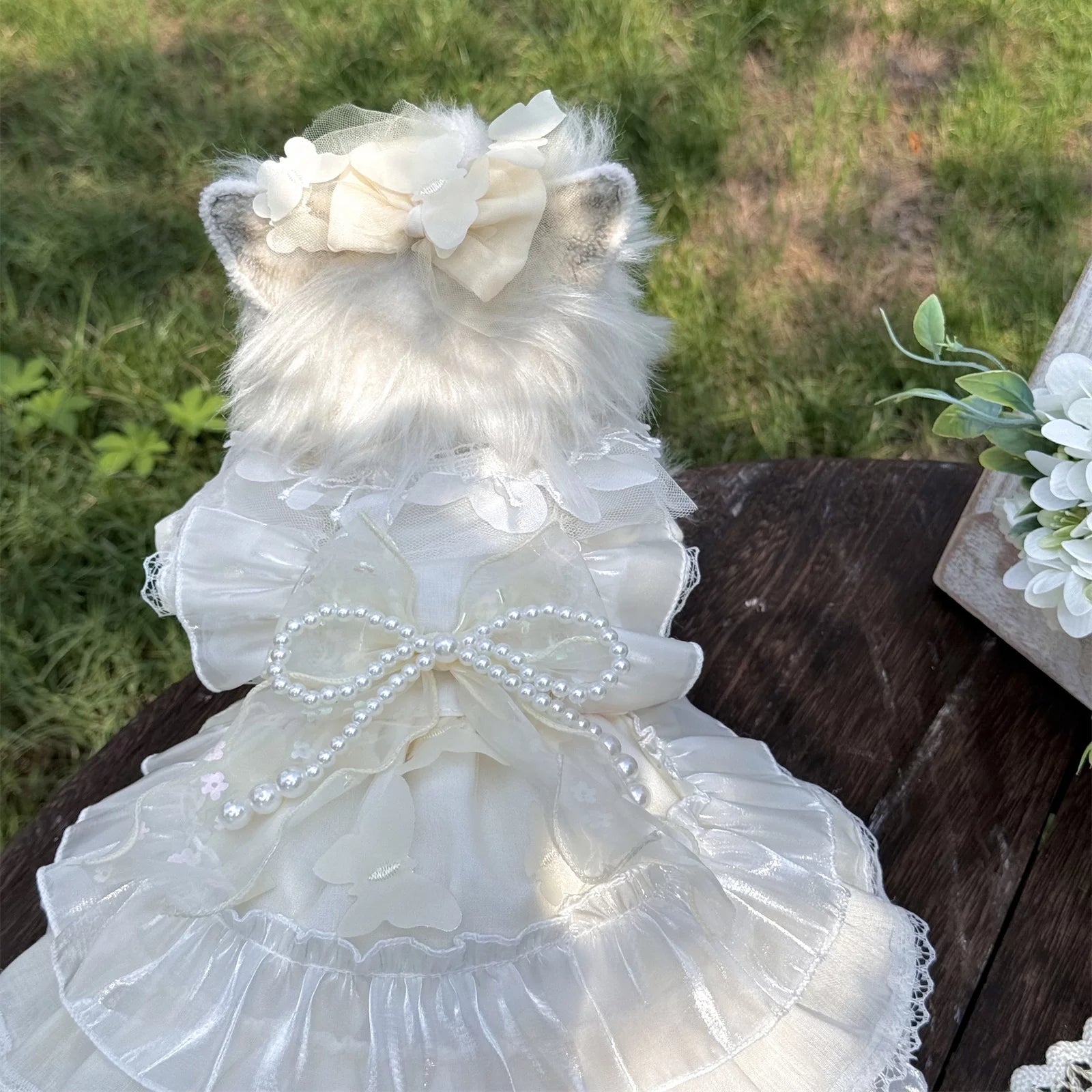 Beige Butterfly Pearl Tutu Pet Dress for Dogs and Cats