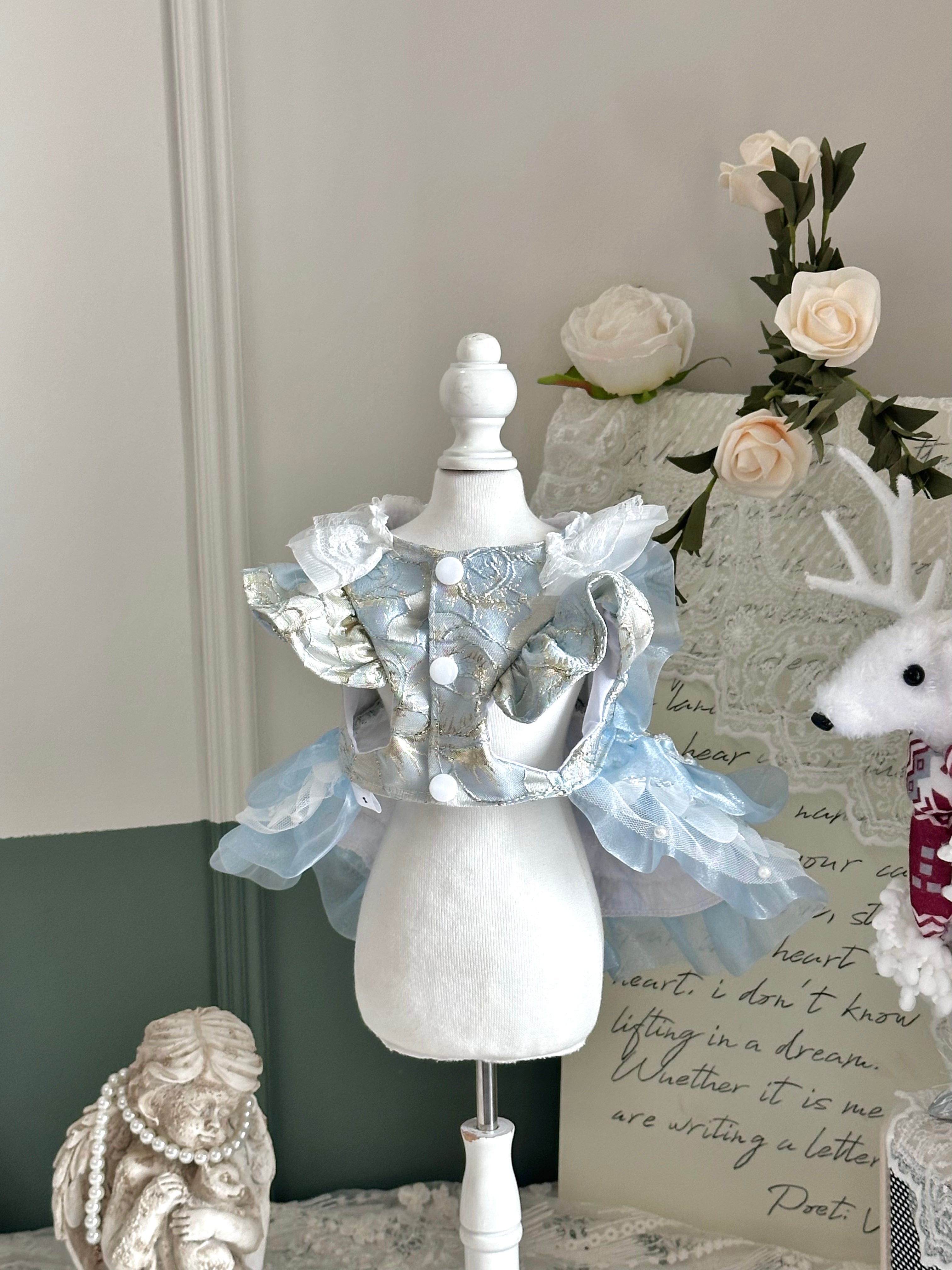 Aqua Satin Lolita Cat Dress, Princess Pet Outfit