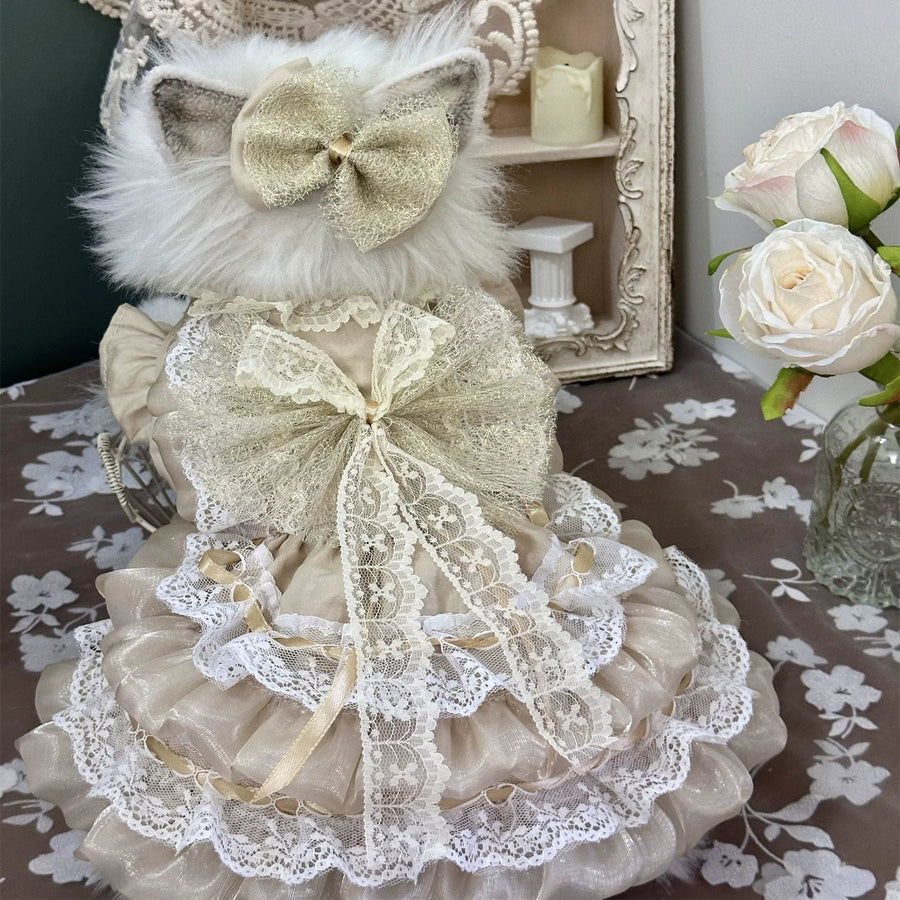 Vintage Gold Mesh Cat Wedding Outfit, Elegant Pet Dress