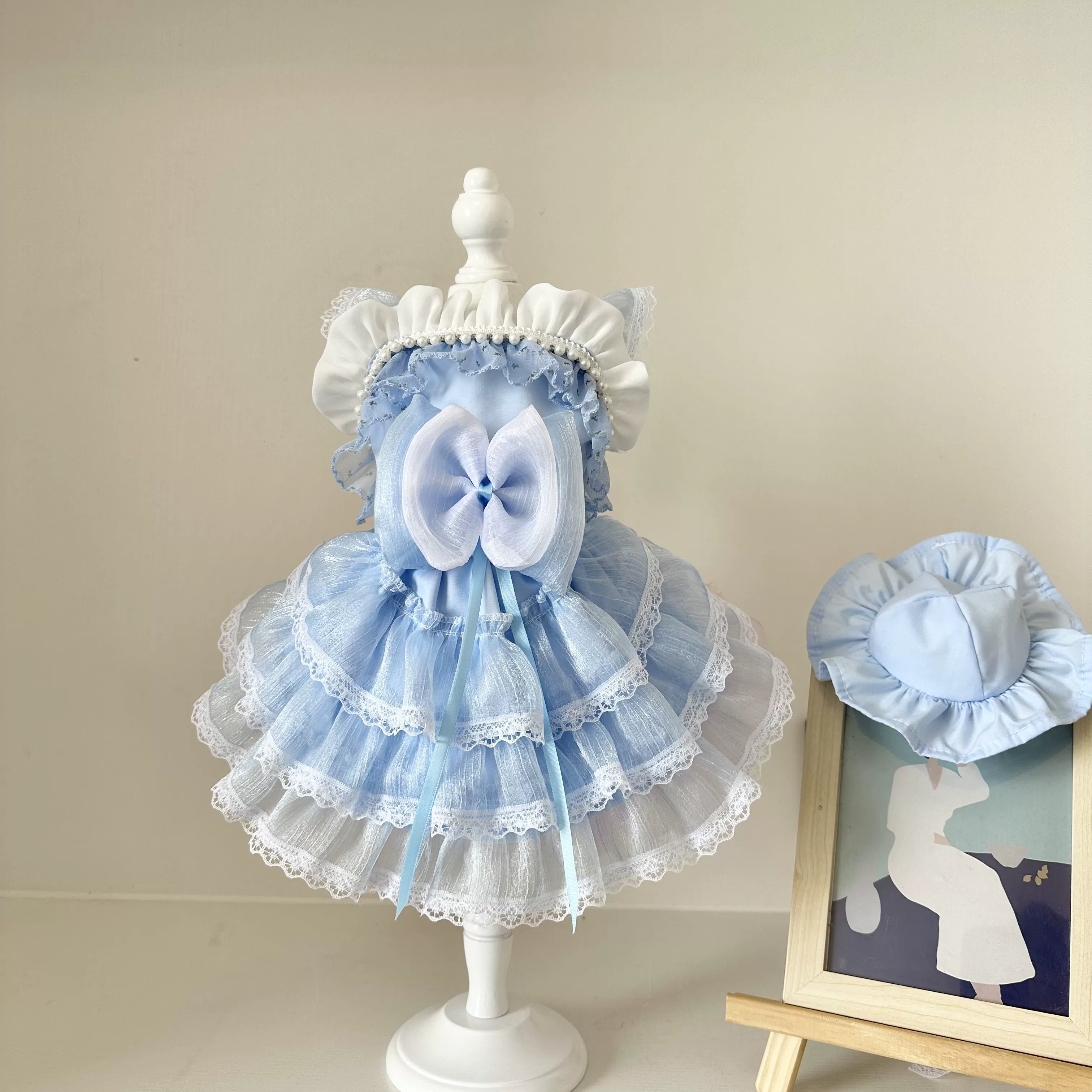 Sky Blue Pearl Cat Dress, Dog Clothes for Small Dogs