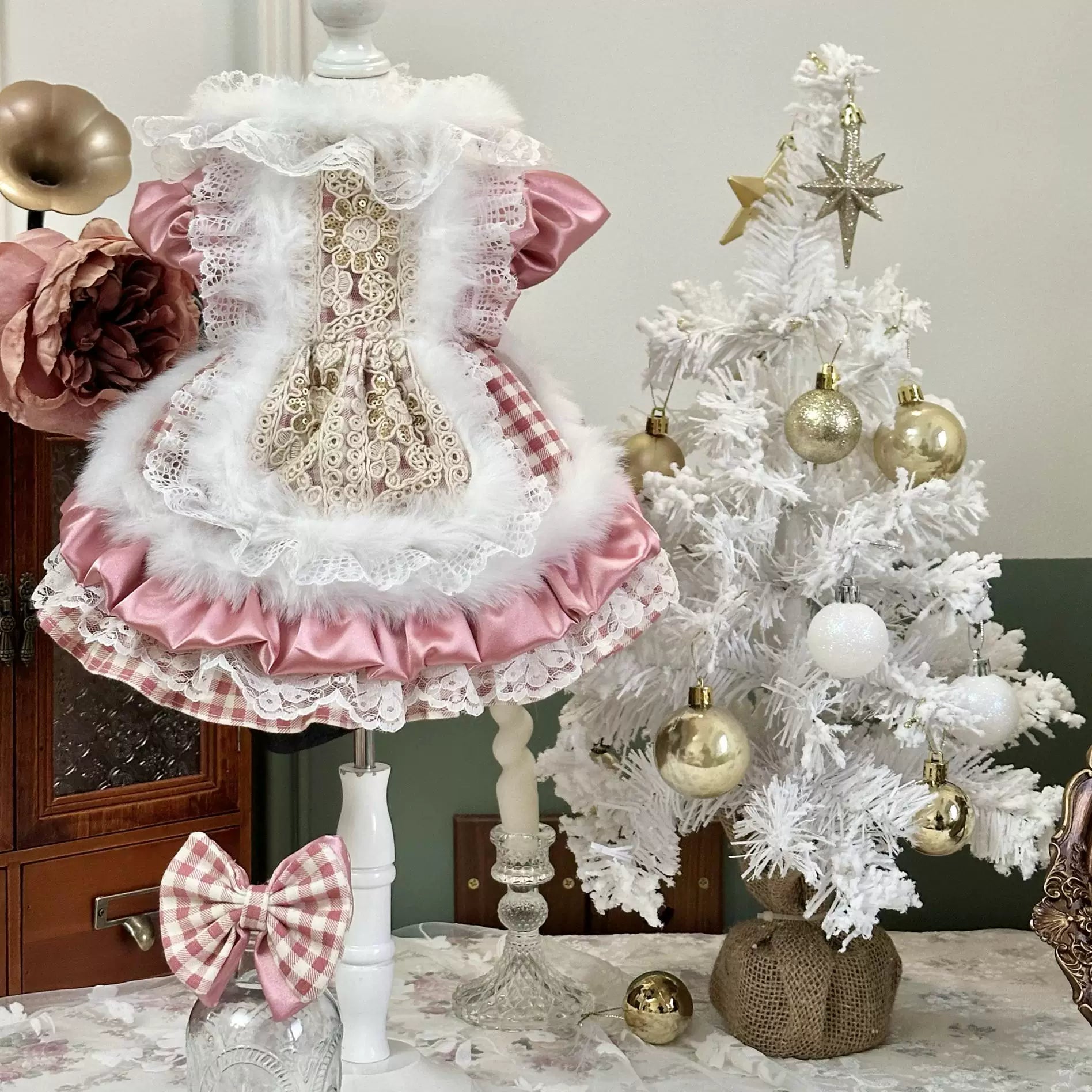 Warm Pink Plaid Cat Winter Clothes, Small Dog Dress
