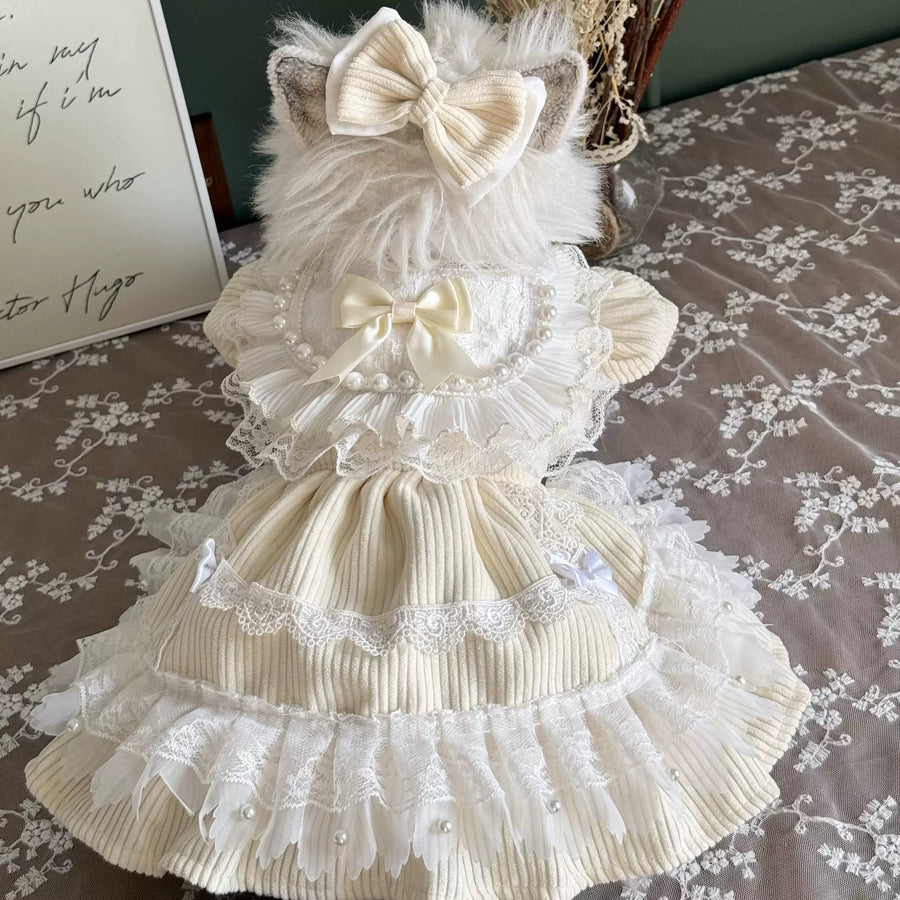 Cream Birthday Cat Dress, Warm Small Dog Clothes