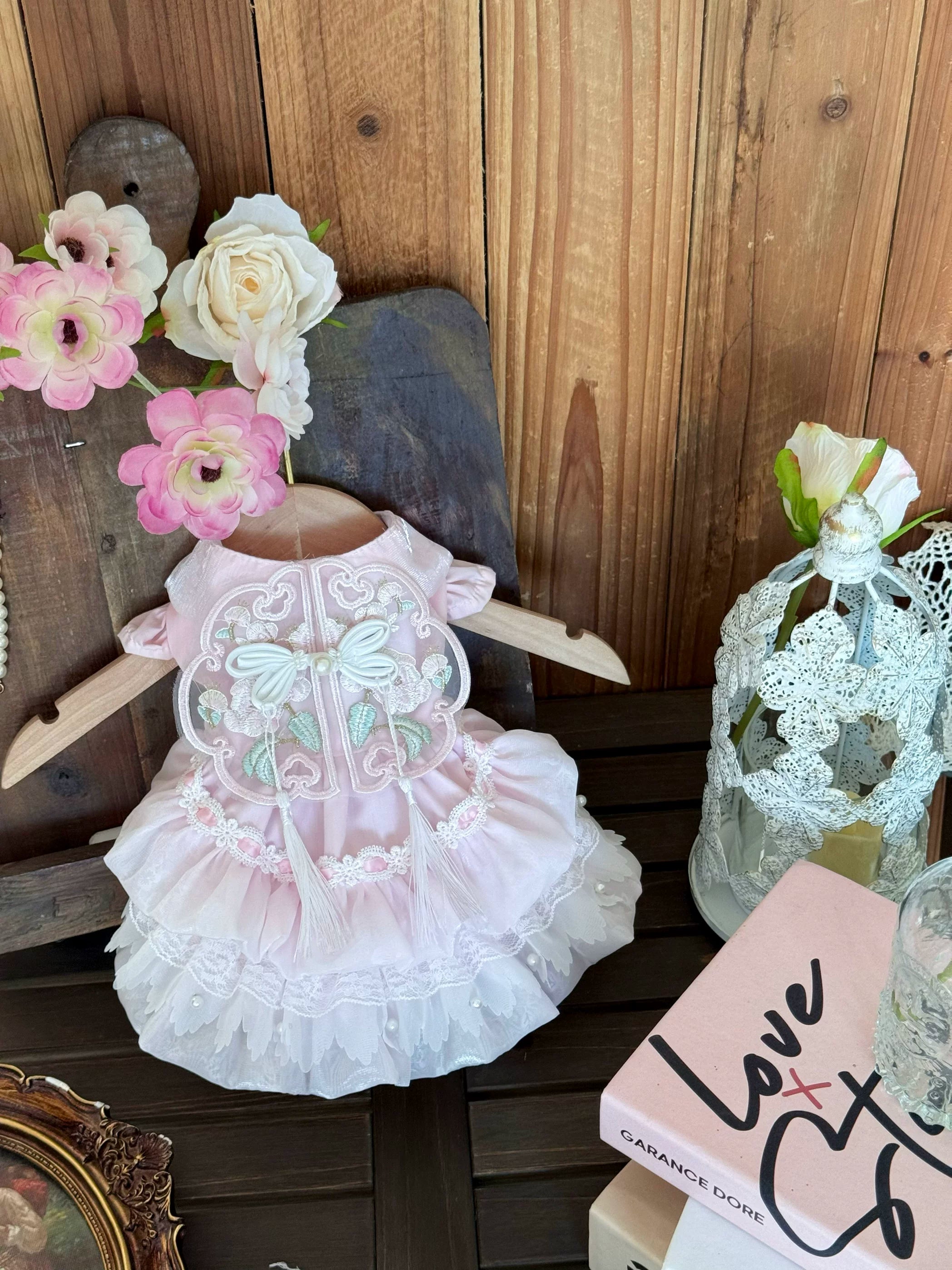 Pink Embroidered Chinese Style Pet Dress for Small Dogs