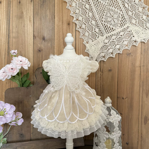 Rontop beige lace pearl butterfly pet dress for cats and small dogs