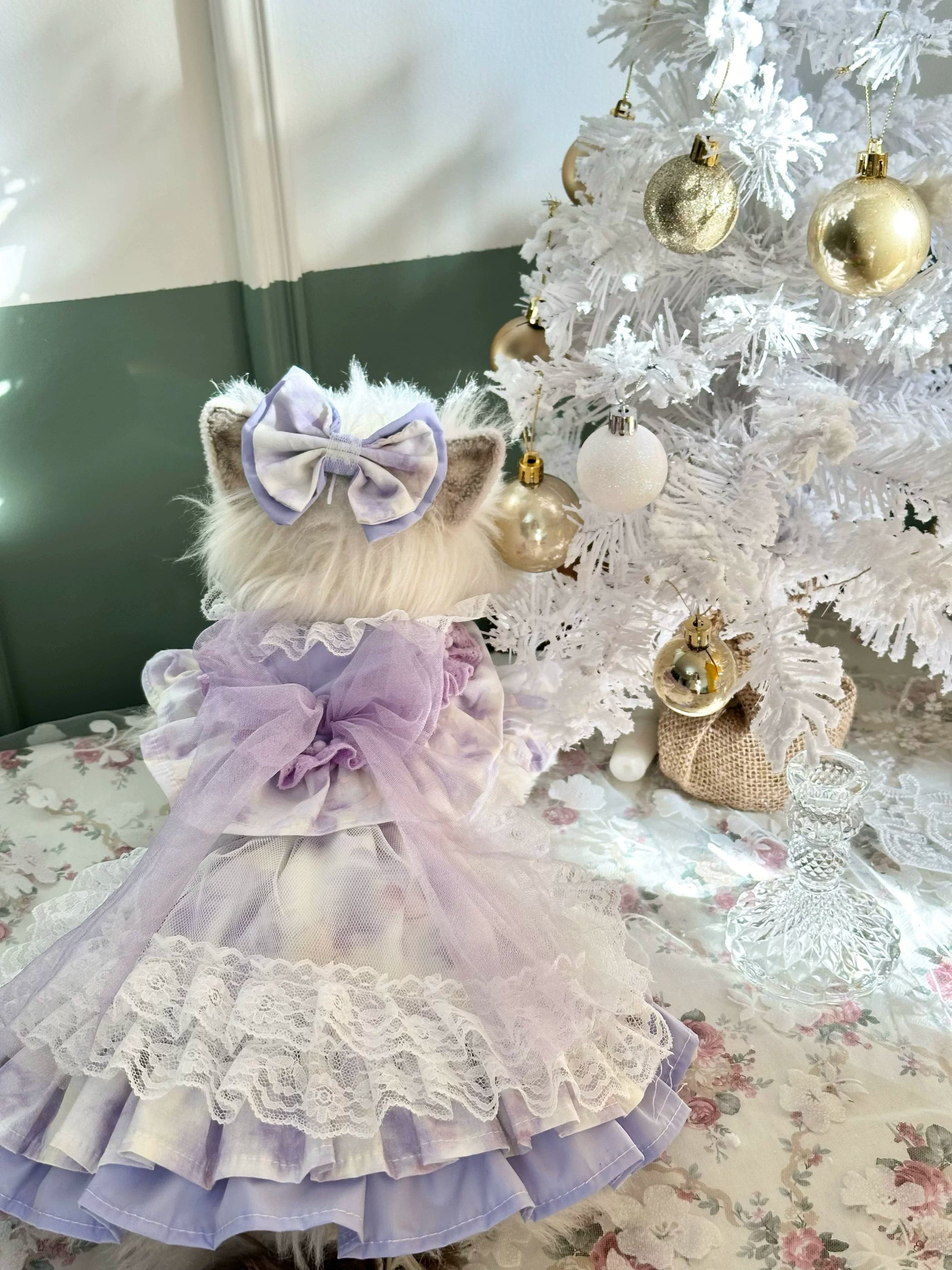 Purple Lace Feather Tulle Pet Dress for Cats and Small Dogs