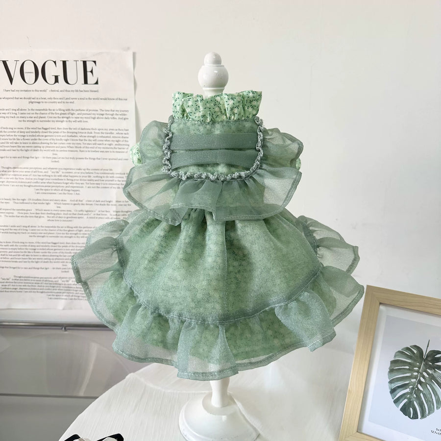 Green Floral Cat Dress, Cute Small Dog Clothes Outfit