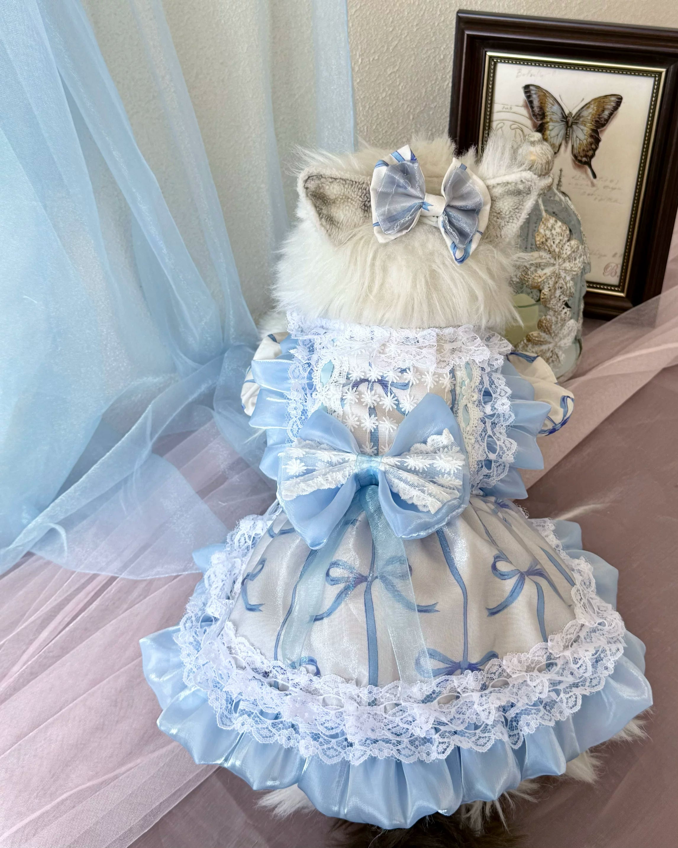 Gray Blue Bow Cat Dress, Dog Clothes for Small Dogs