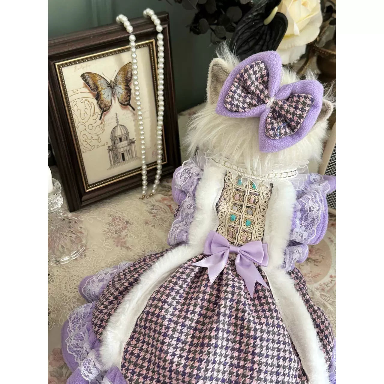 Purple Houndstooth Cat Clothes, Clothes for Small Dogs