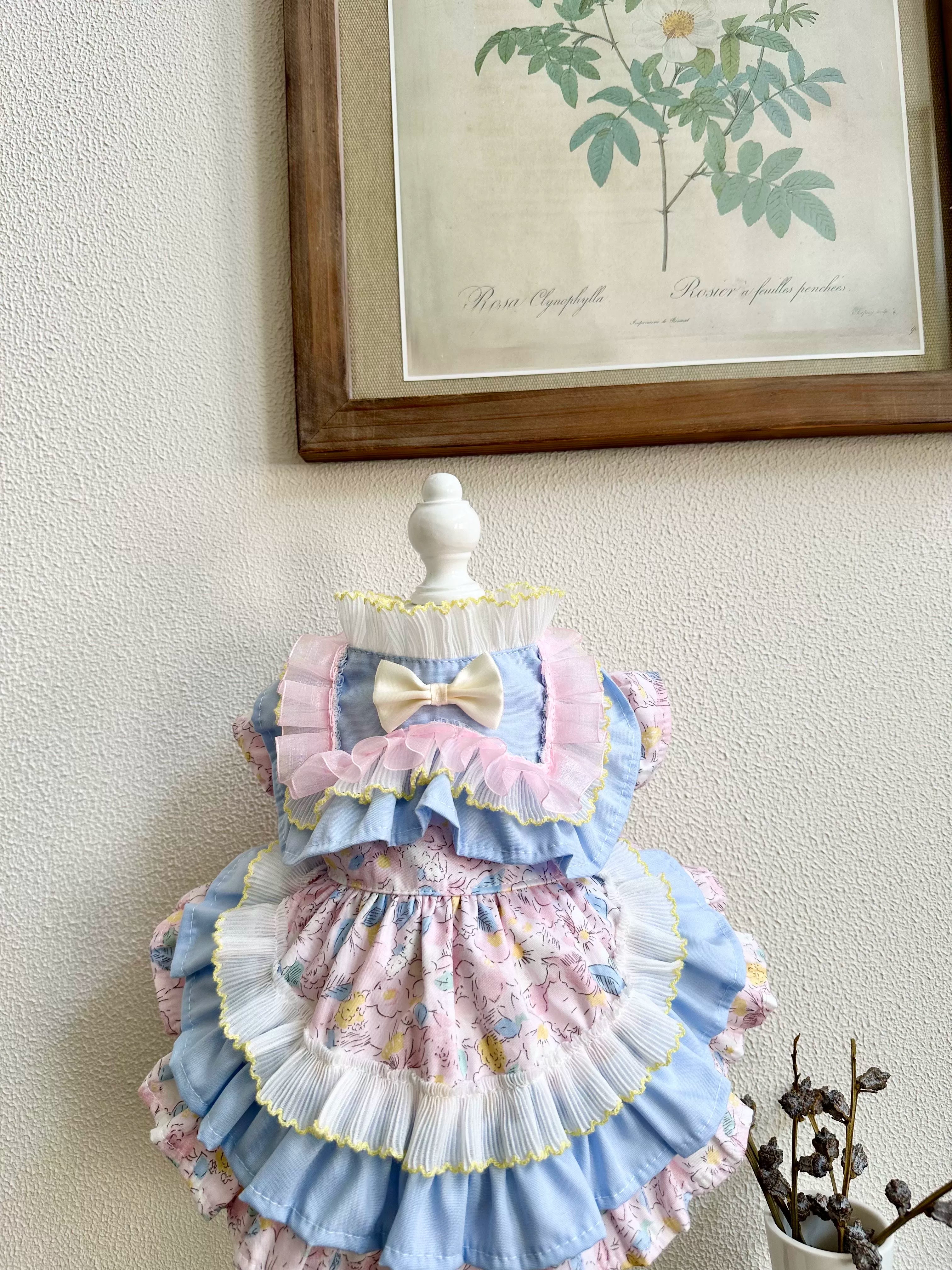 Blue Pink Ruffle Cat Dress, Dog Clothes for Small Dogs