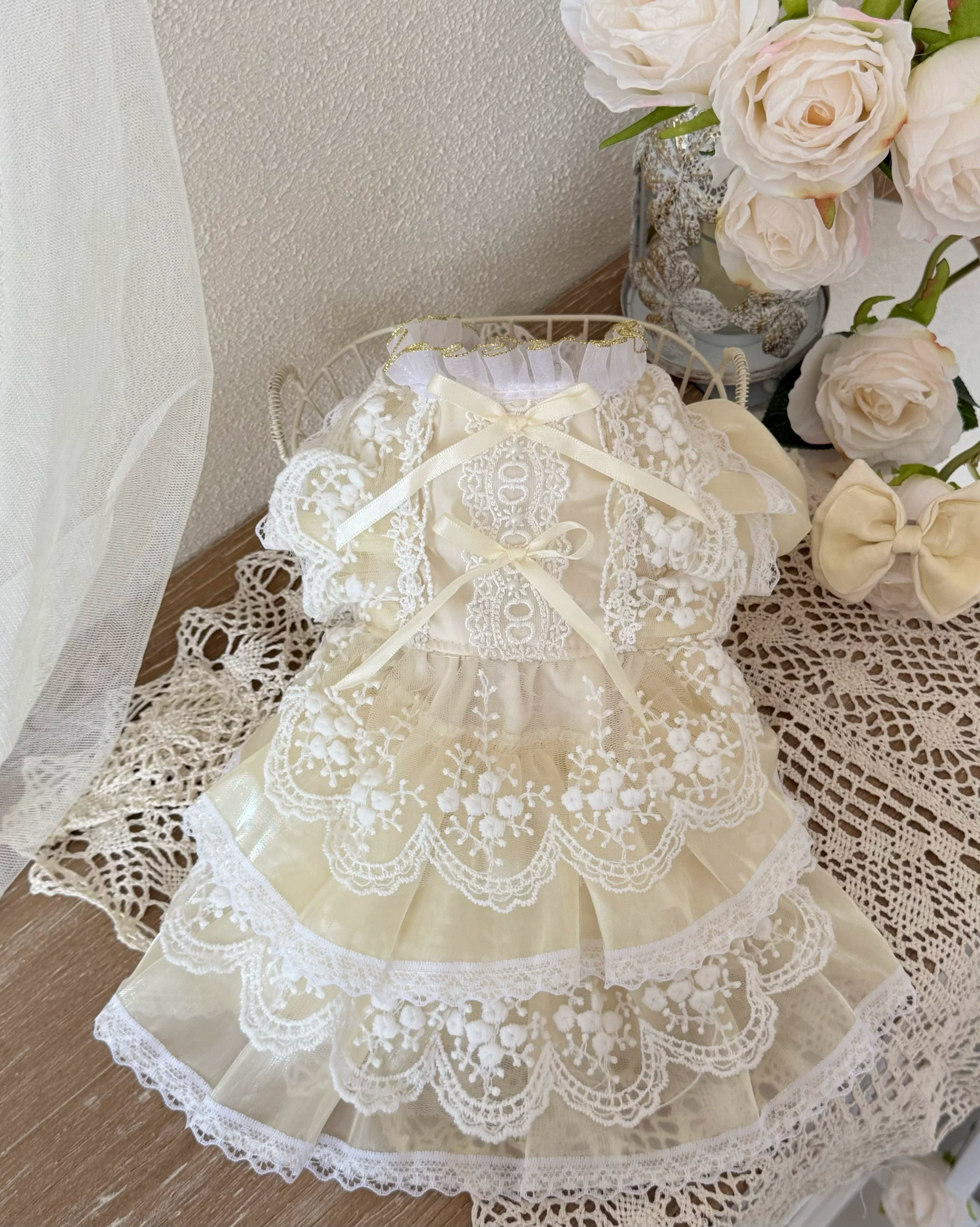 Beige Iridescent Lace Pearl Pet Dress for Cats and Small Dogs - Image 4
