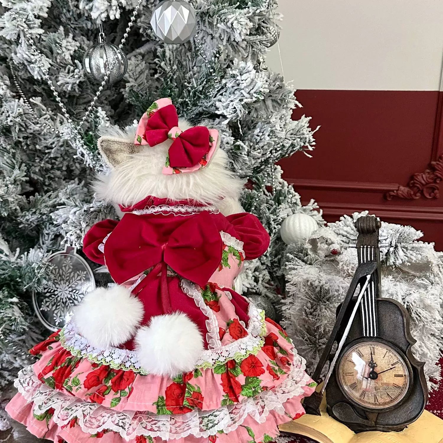 Red Rose New Year Cat Dress, Cat Apparel
