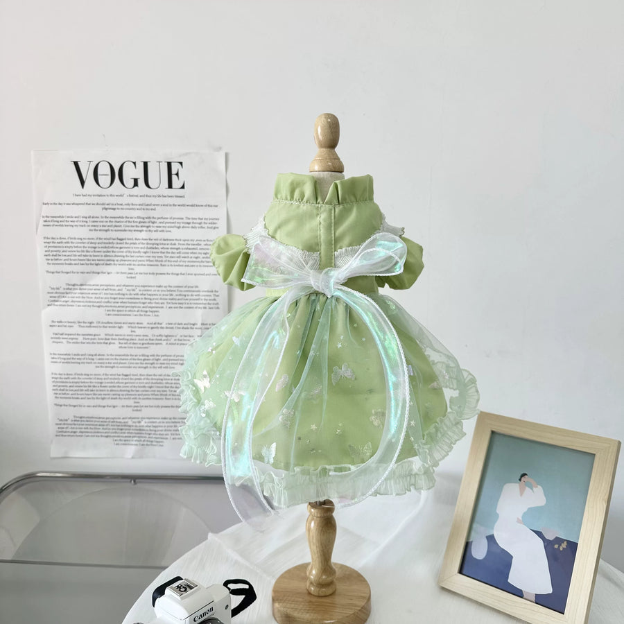 Green Iridescent Shiny Pet Skirt & Bow Cat Outfit