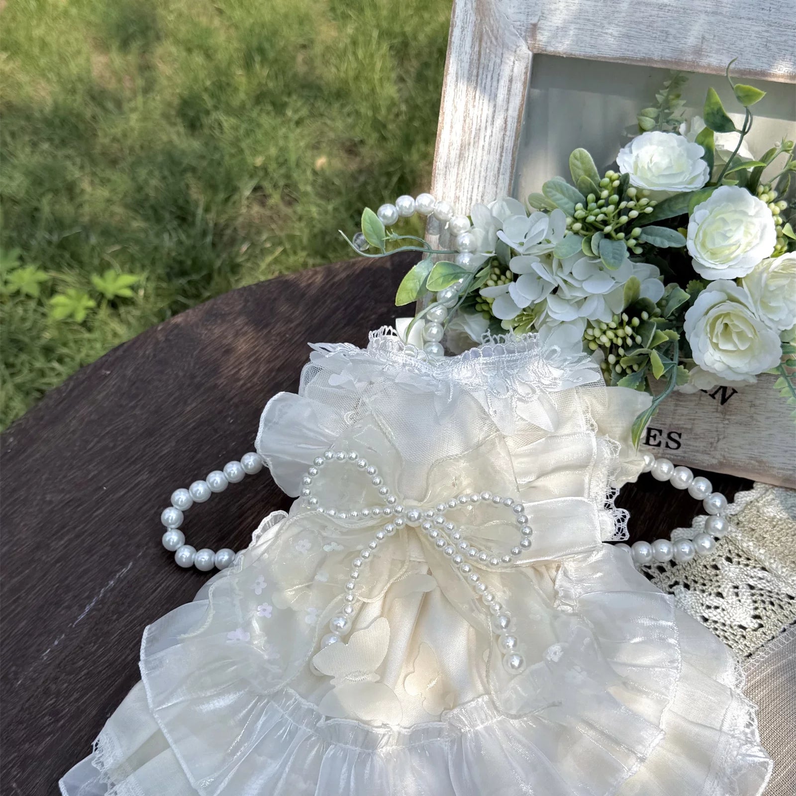 Beige Butterfly Pearl Tutu Pet Dress for Dogs and Cats
