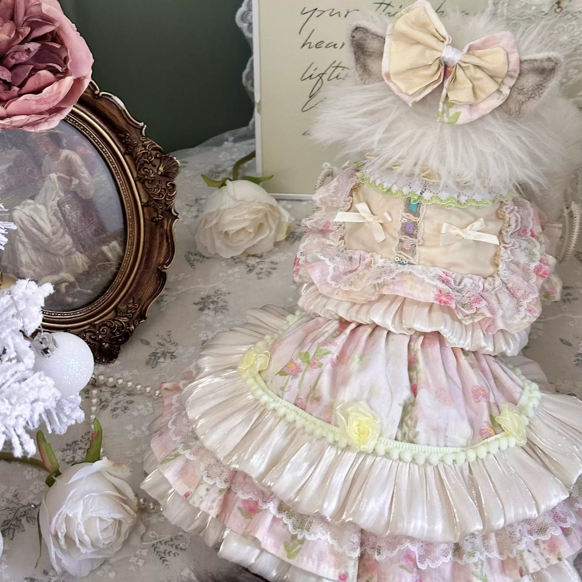 Pink Rose Satin Cat Dress, Cute Cat Clothes