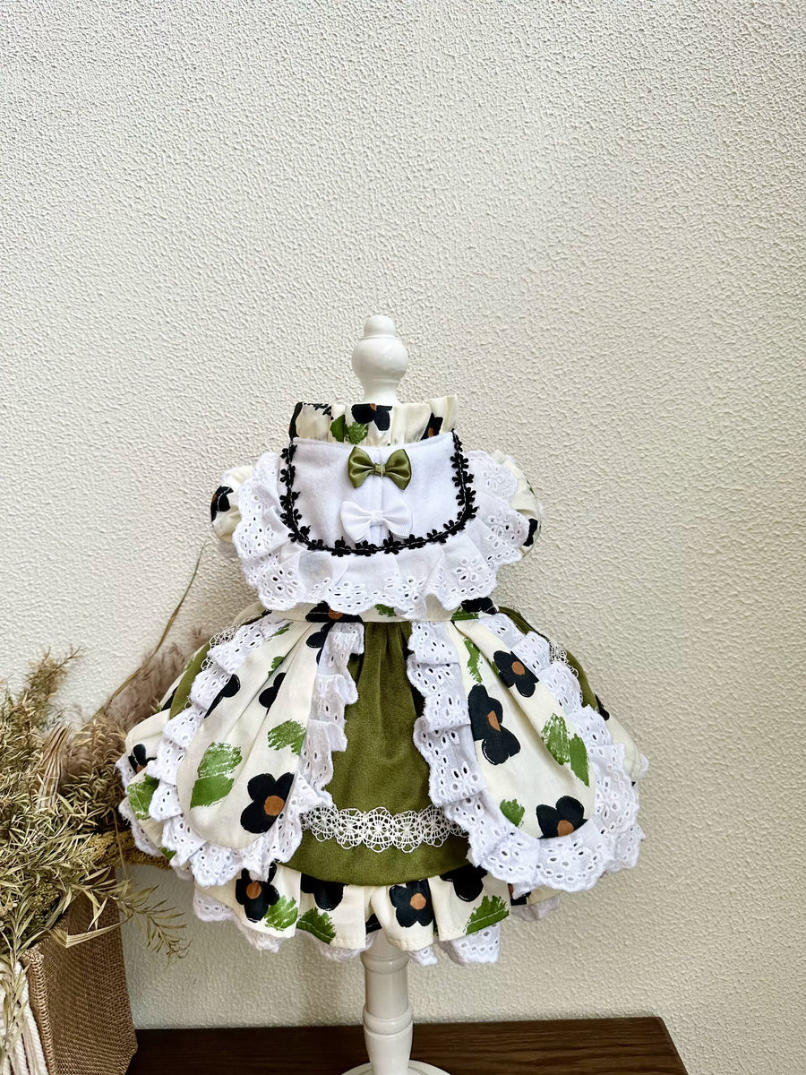 Olive Velvet Flower Cat Clothes, Dog Clothes for Small Dogs