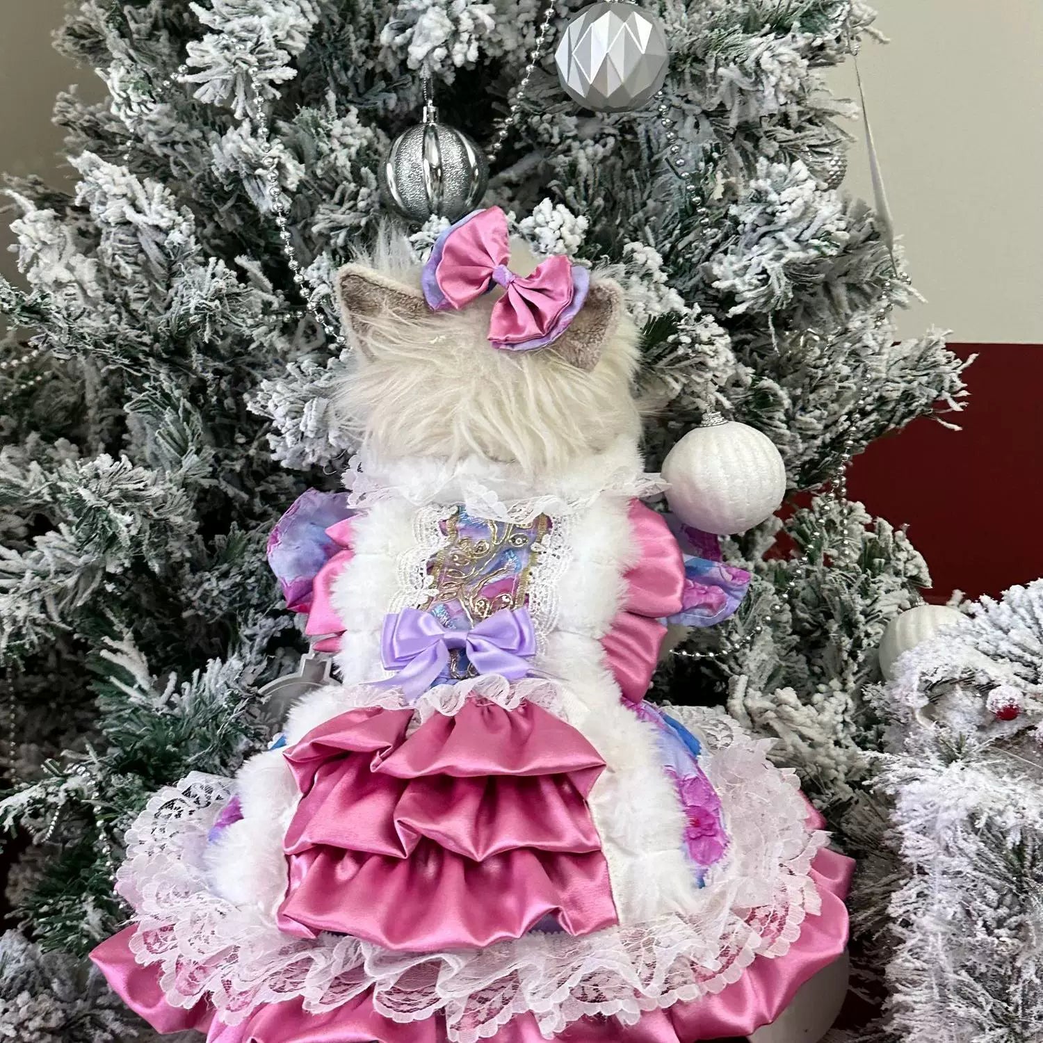 Pink Purple Winter Cat Dress, Cat Winter Clothes