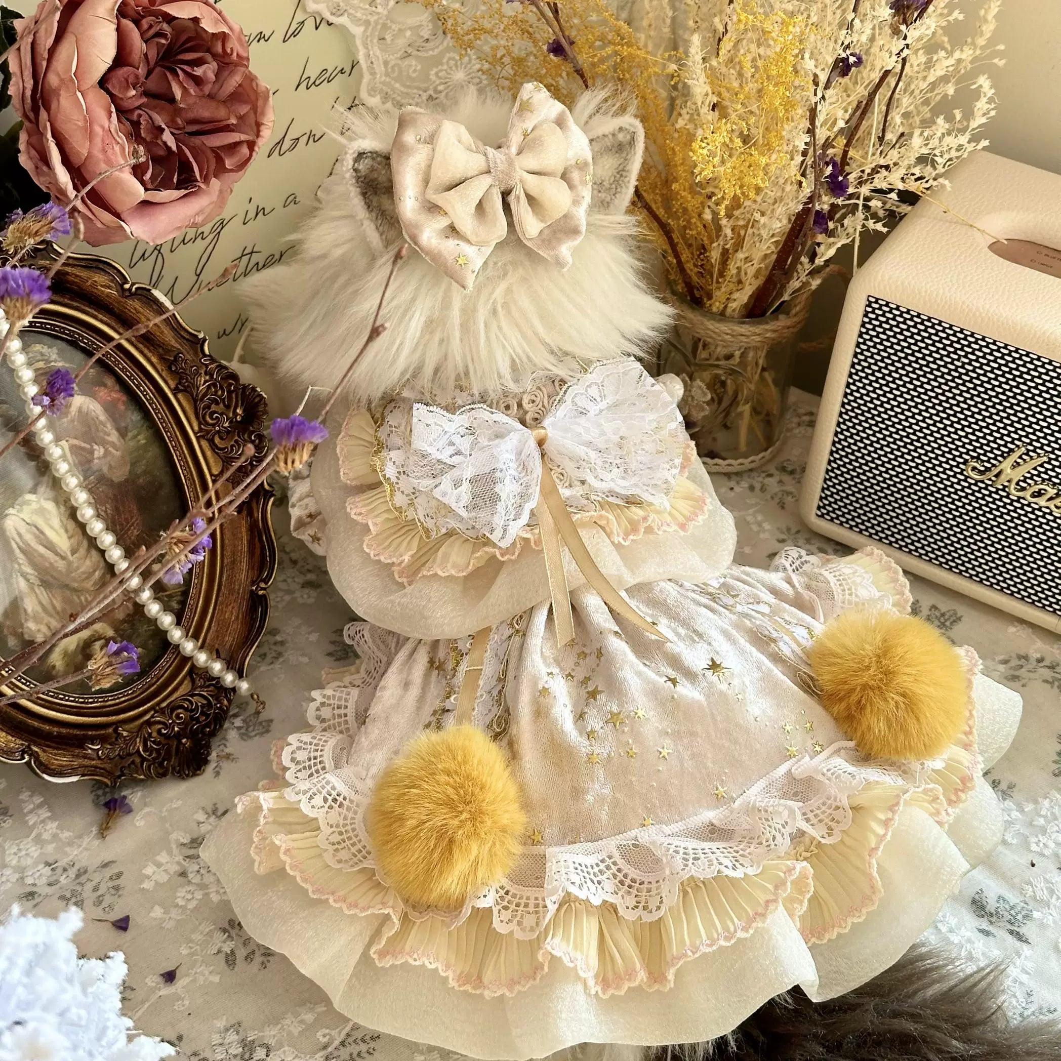 Champagne Velvet Pet Dress with Soft Gold Print