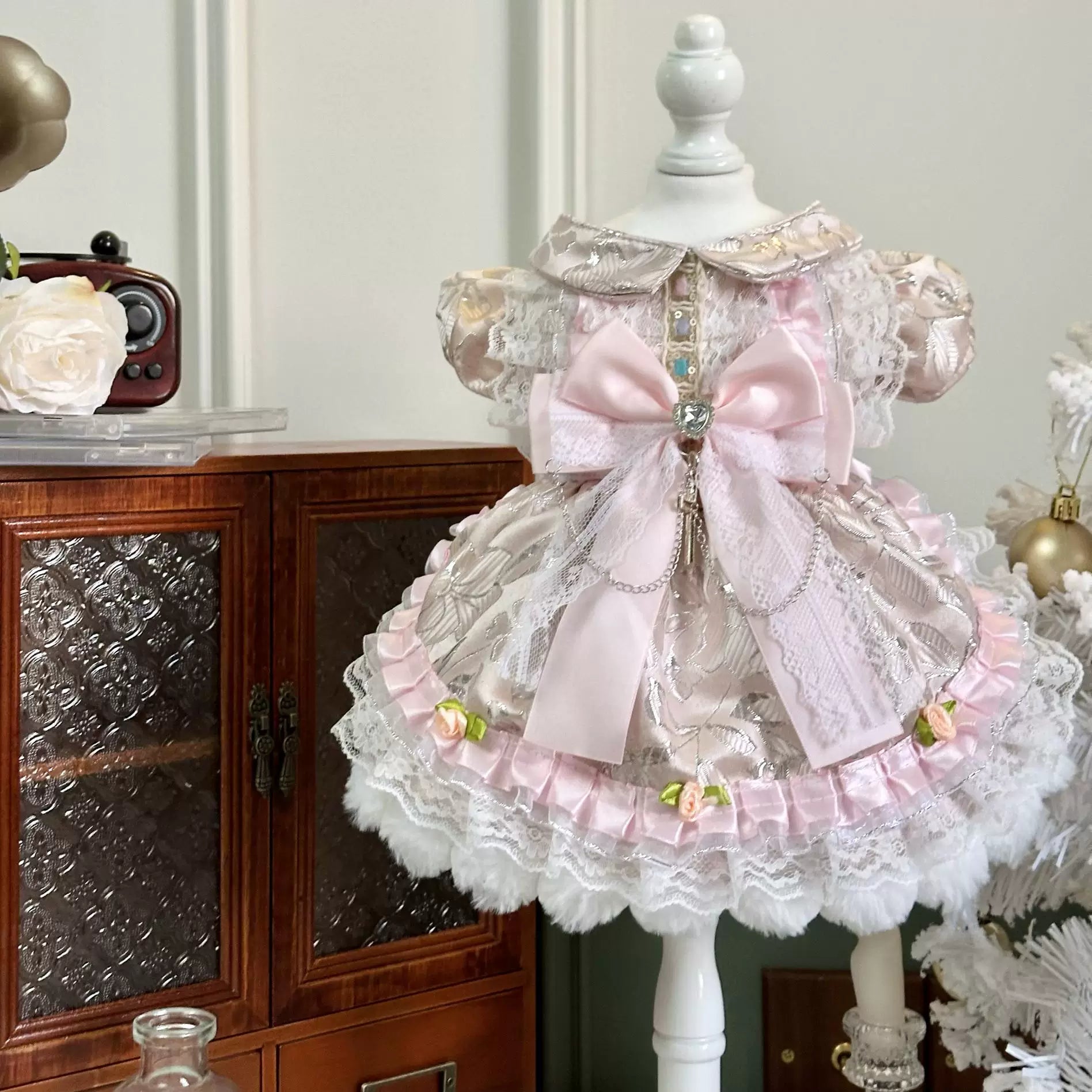 Peach Satin Embroidered Cat Dress, Pet Apparel